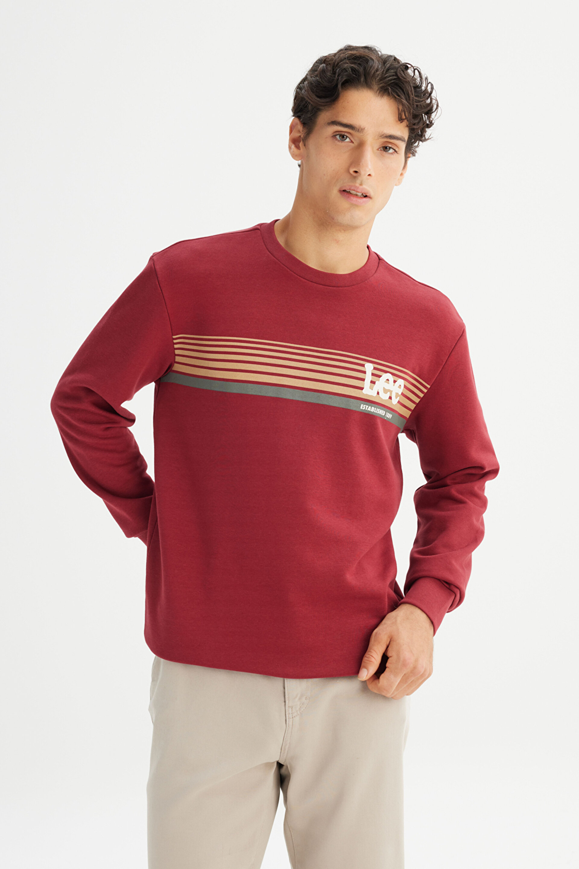 MM6 ベージュ/レッド 長袖ニット L Regular Fit Normal Kesim Bisiklet Yaka Baskılı Bordo Sweatshirt