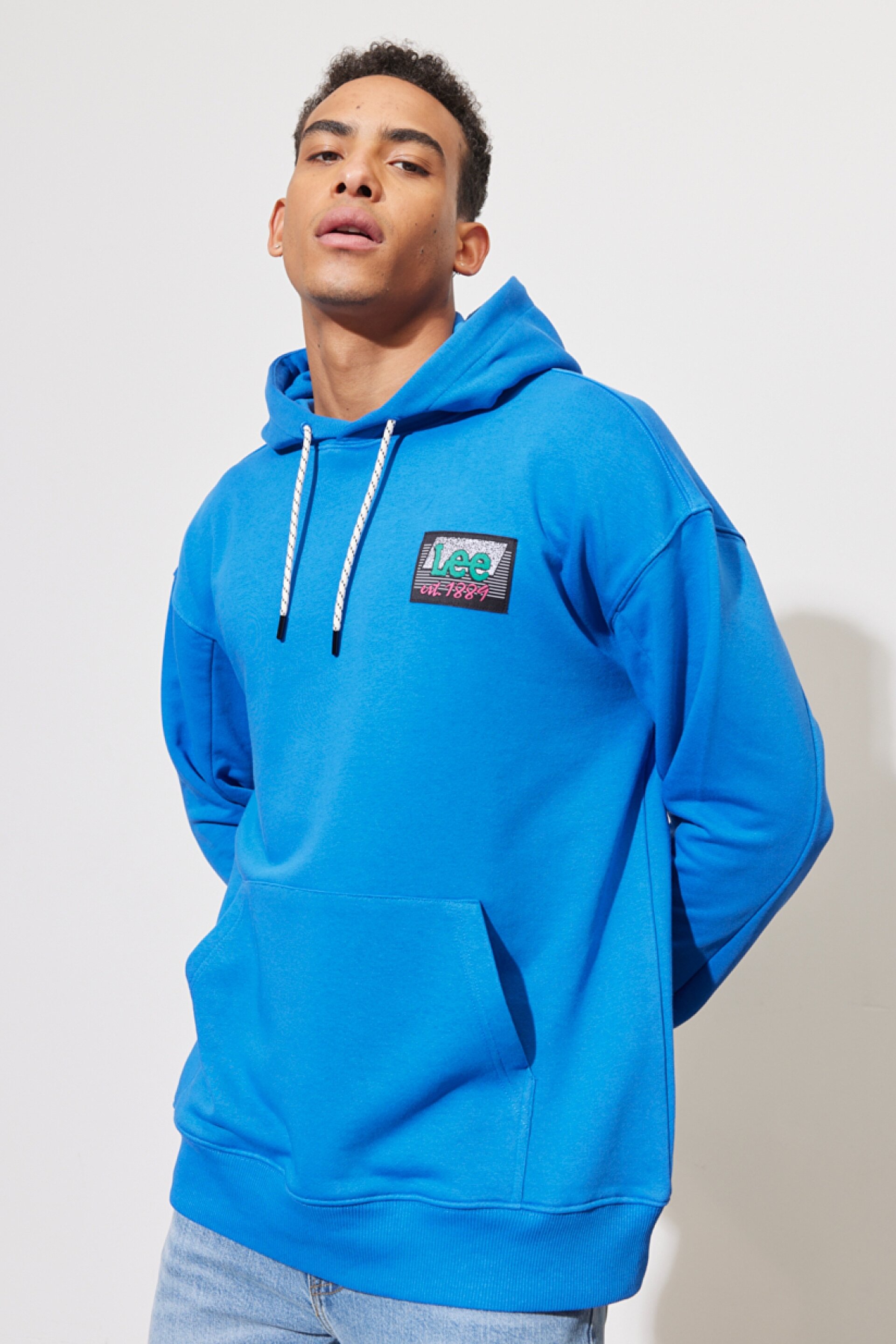 Loose Fit Rahat Kesim %100 Pamuk Kapüşonlu Yaka Mavi Sweatshirt