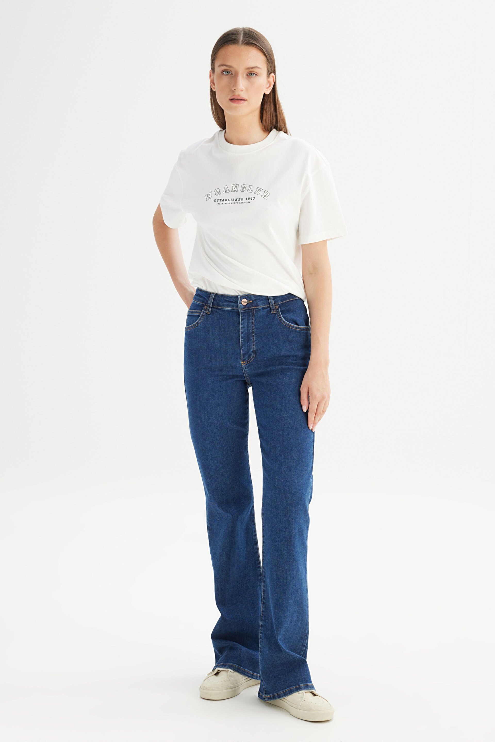 Flare Fit Geniş Paça Yüksek Bel Mavi Pamuklu Esnek Denim Jean