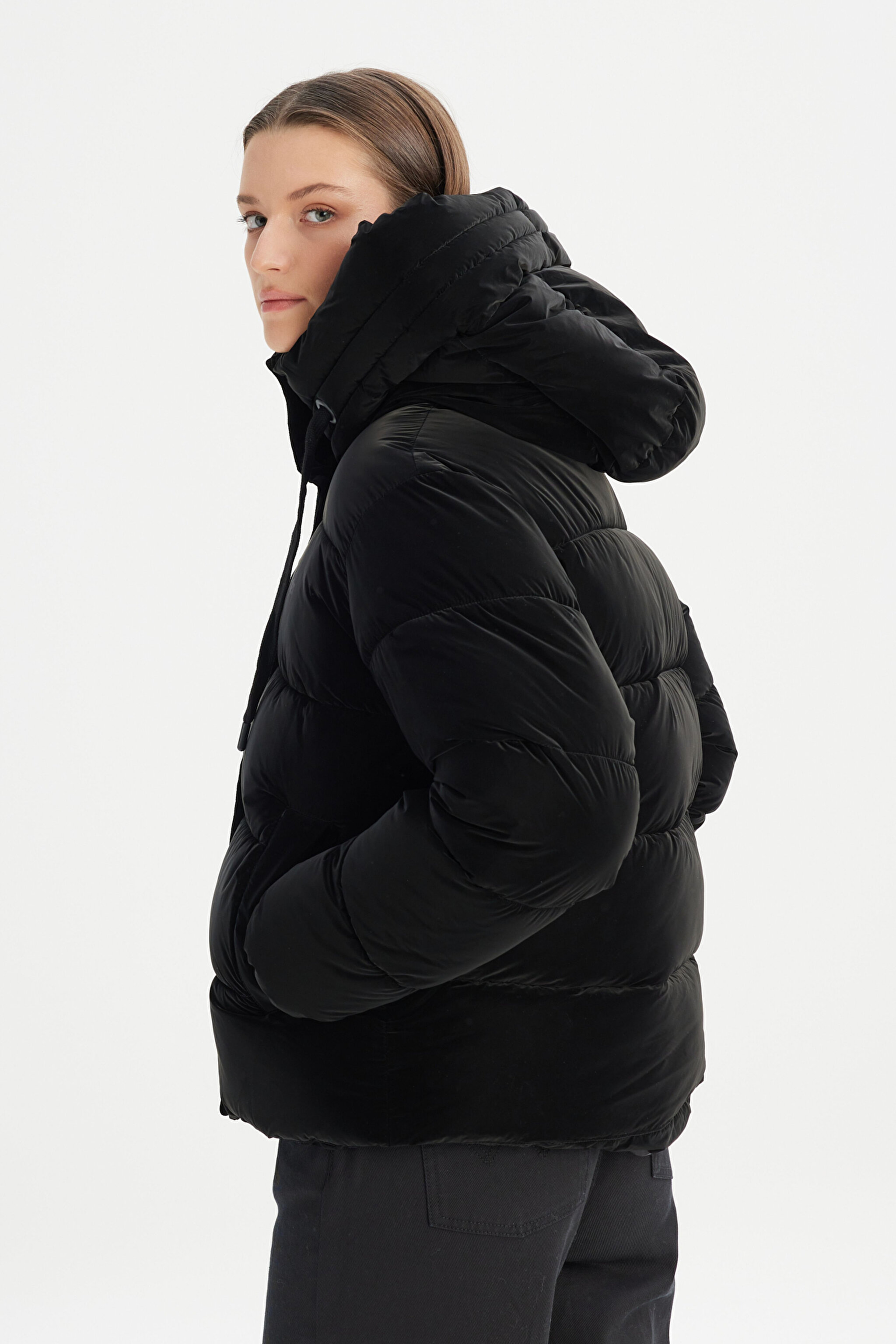 Regular Fit Normal Kesim Dik Yaka Kapüşonlu Siyah Şişme Mont - Black-CHW232170001 (görsel 3)