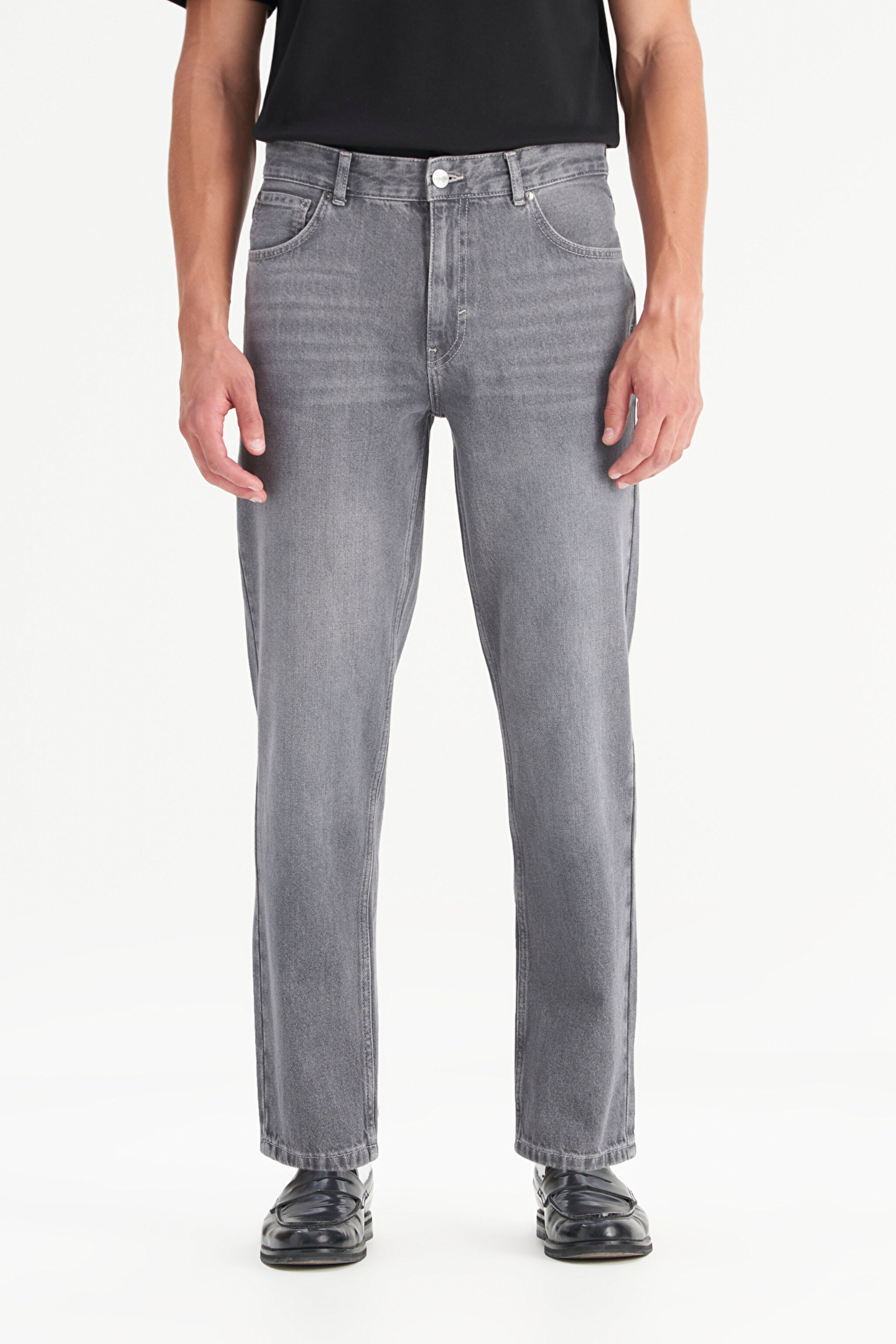 %100 Pamuk Frank Relaxed Fit Geniş Kesim Gri Jean Denim Pantolon - Grey-FRNK0000725 (görsel 2)