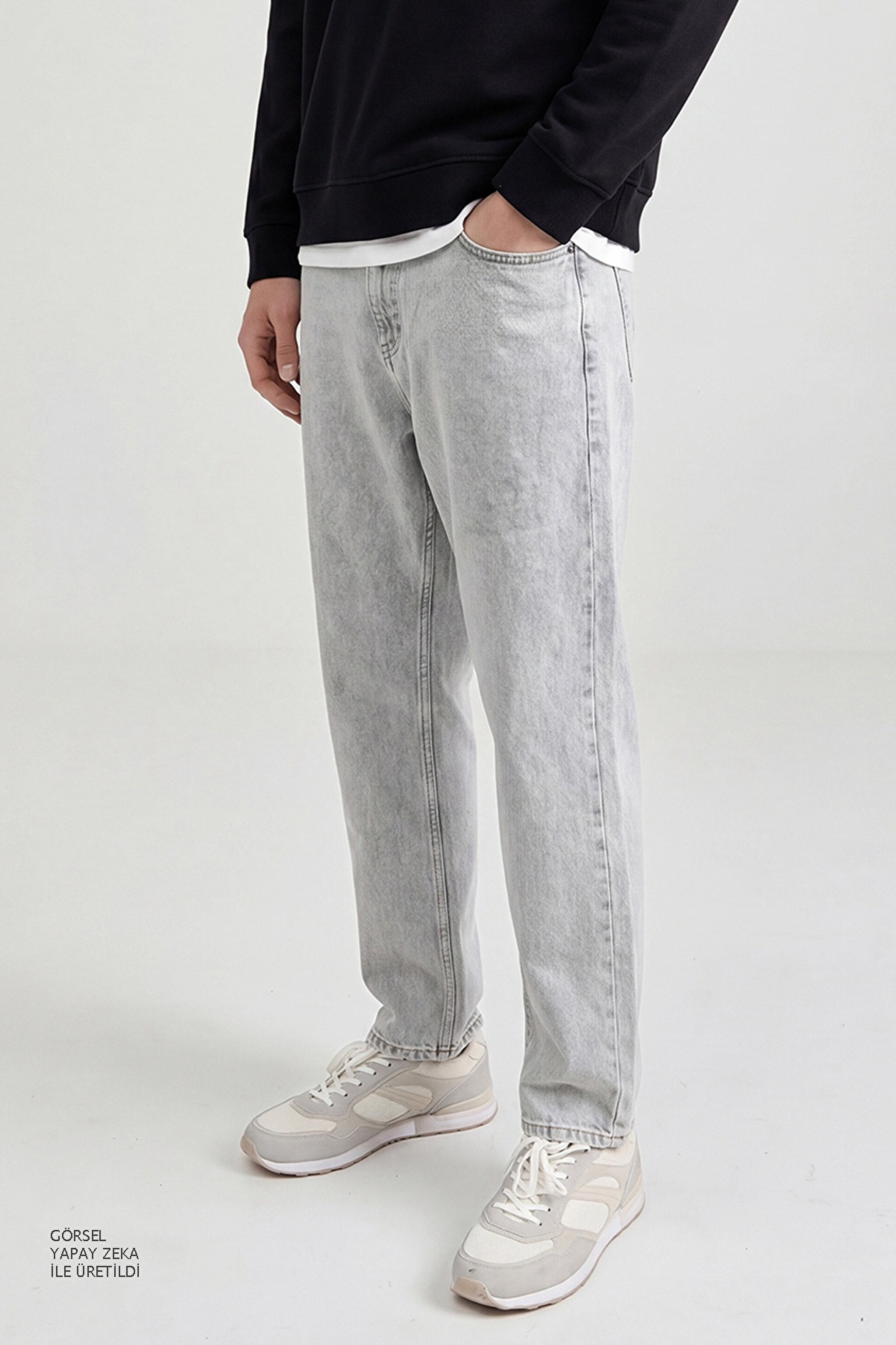 %100 Pamuk Frank Relaxed Fit Geniş Kesim Açık Gri Jean Denim Pantolon - Light Gray-FRNK00011032 (görsel 4)