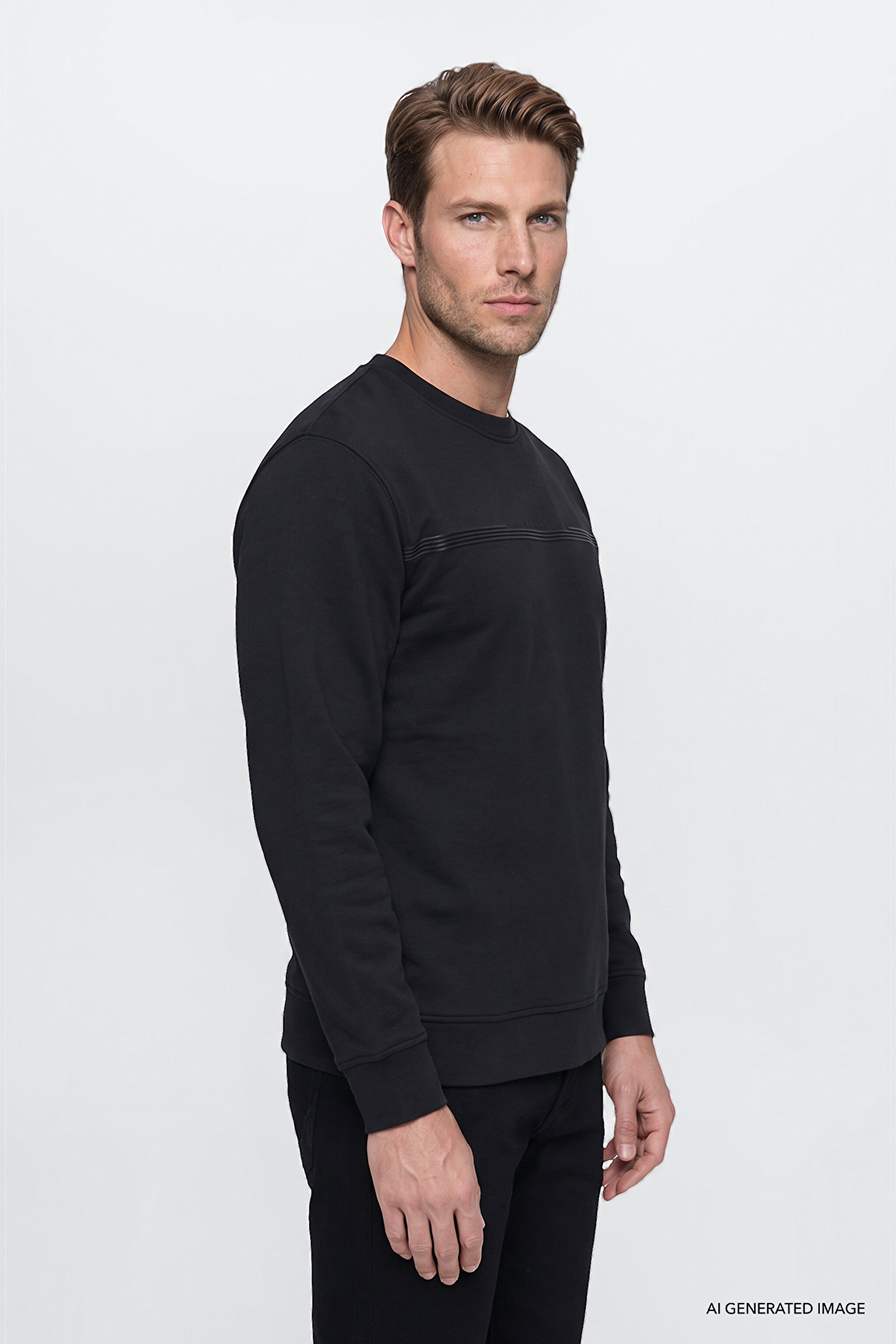 Pamuklu Regular Fit Normal Kesim Bisiklet Yaka Sweatshirt - Black-GW2520534001 (görsel 3)