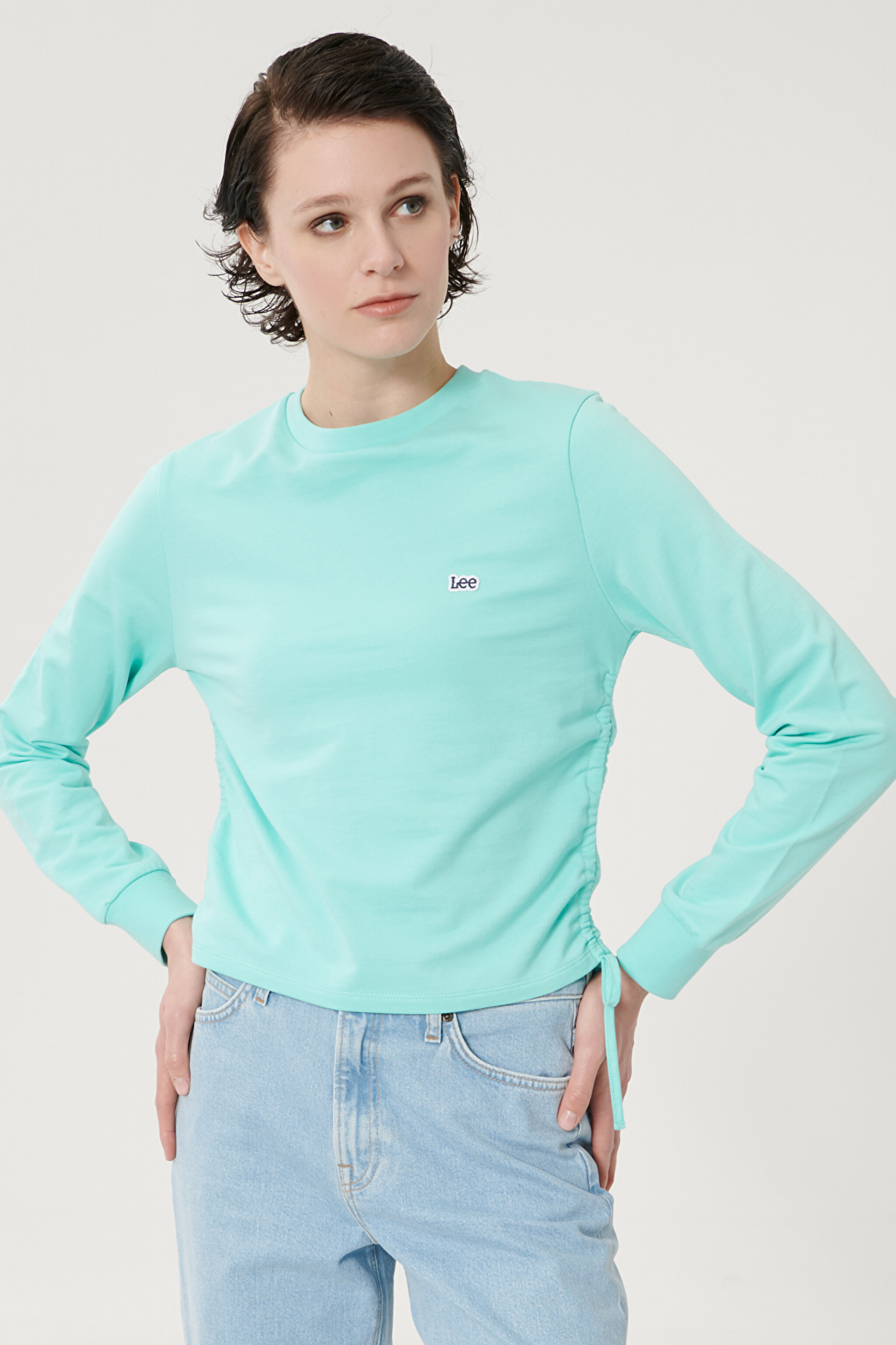 Regular Fit Normal Kesim %100 Pamuk Bisiklet Yaka Bağlama Detaylı Sweatshirt - Turquoise-L211028306