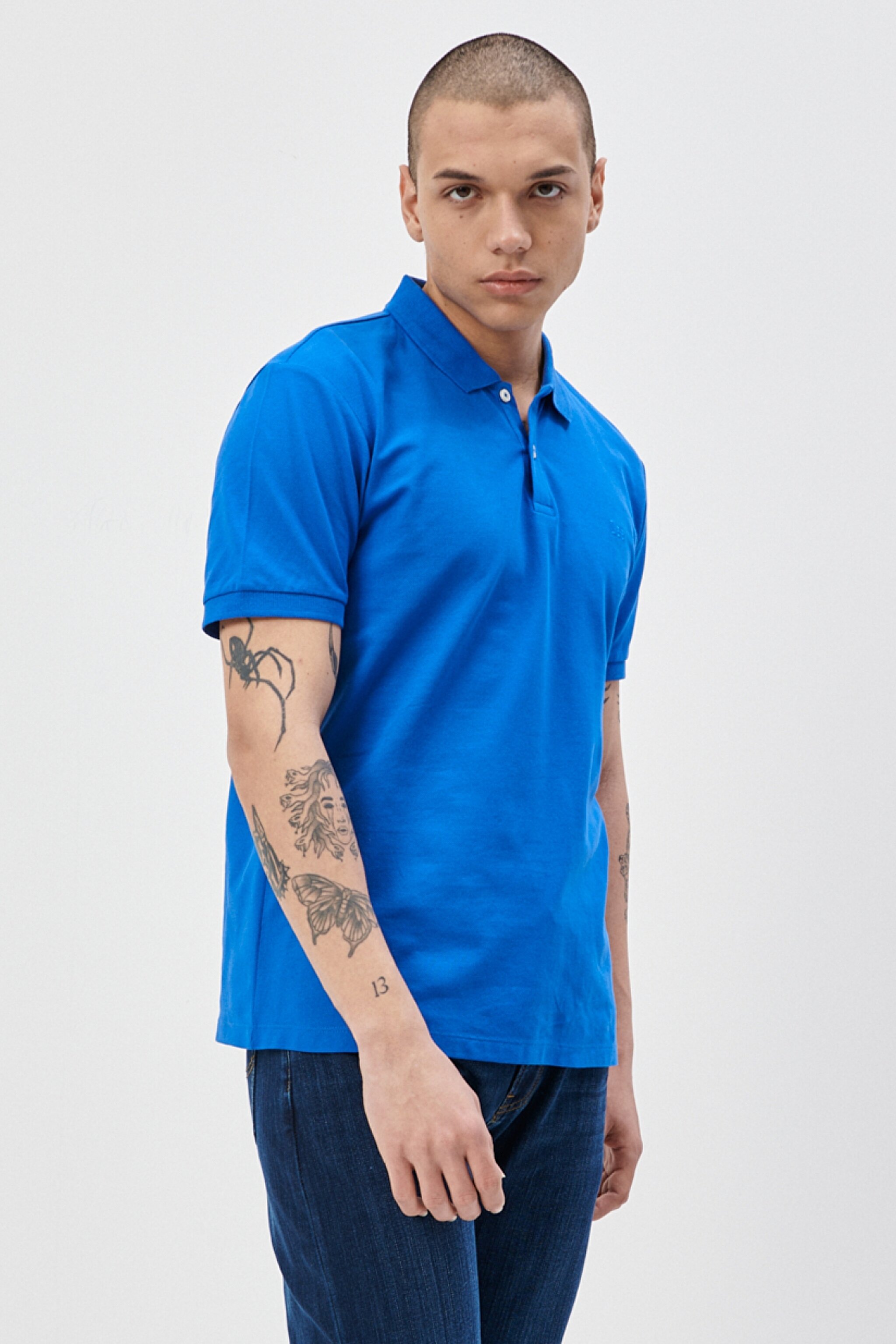 Regular Fit Normal Kesim %100 Pamuk Polo Yaka Saks Mavisi Tişört - Sax-L211810403 (görsel 2)
