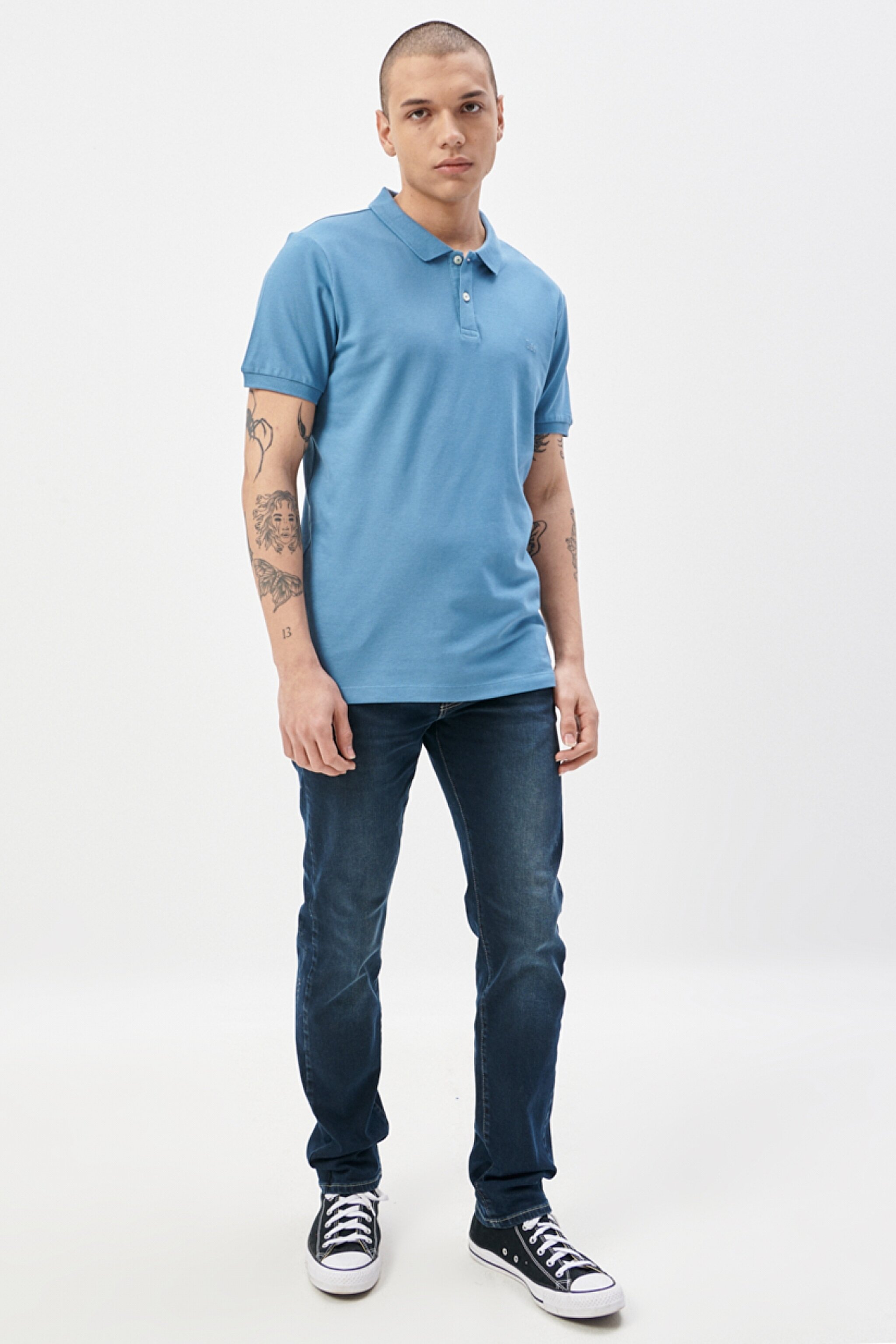 Regular Fit Normal Kesim %100 Pamuk Polo Yaka Açık Mavi Tişört - Light Blue-L211810404 (görsel 4)