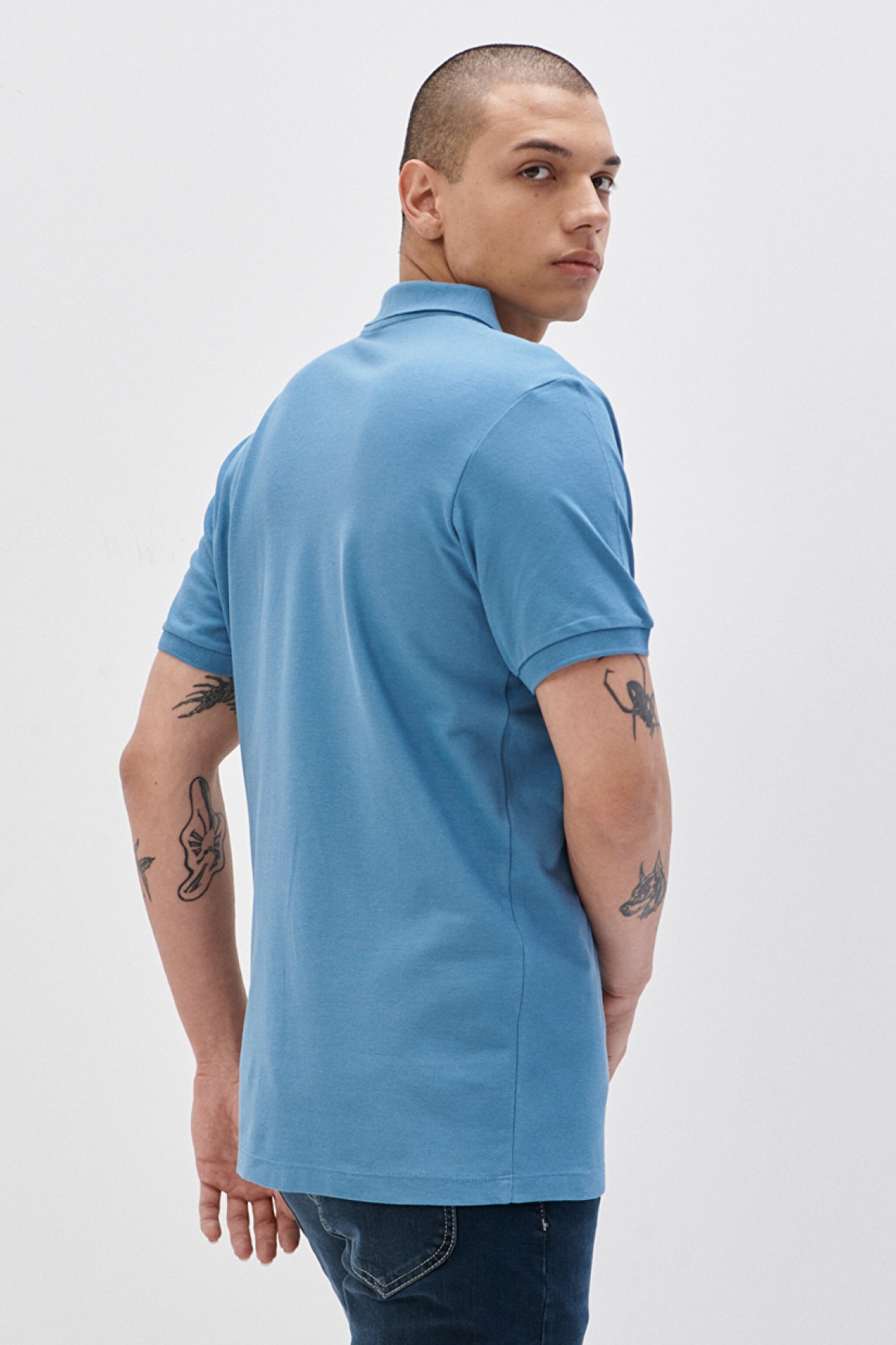 Regular Fit Normal Kesim %100 Pamuk Polo Yaka Açık Mavi Tişört - Light Blue-L211810404 (görsel 5)