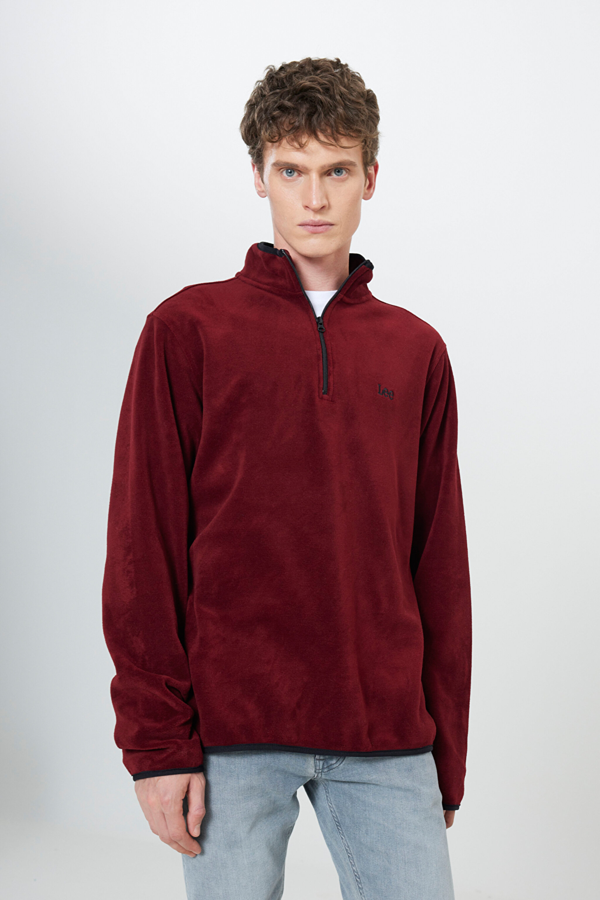 Regular Fit Normal Kesim Dik Yaka Yarım Fermuarlı Bordo Polar