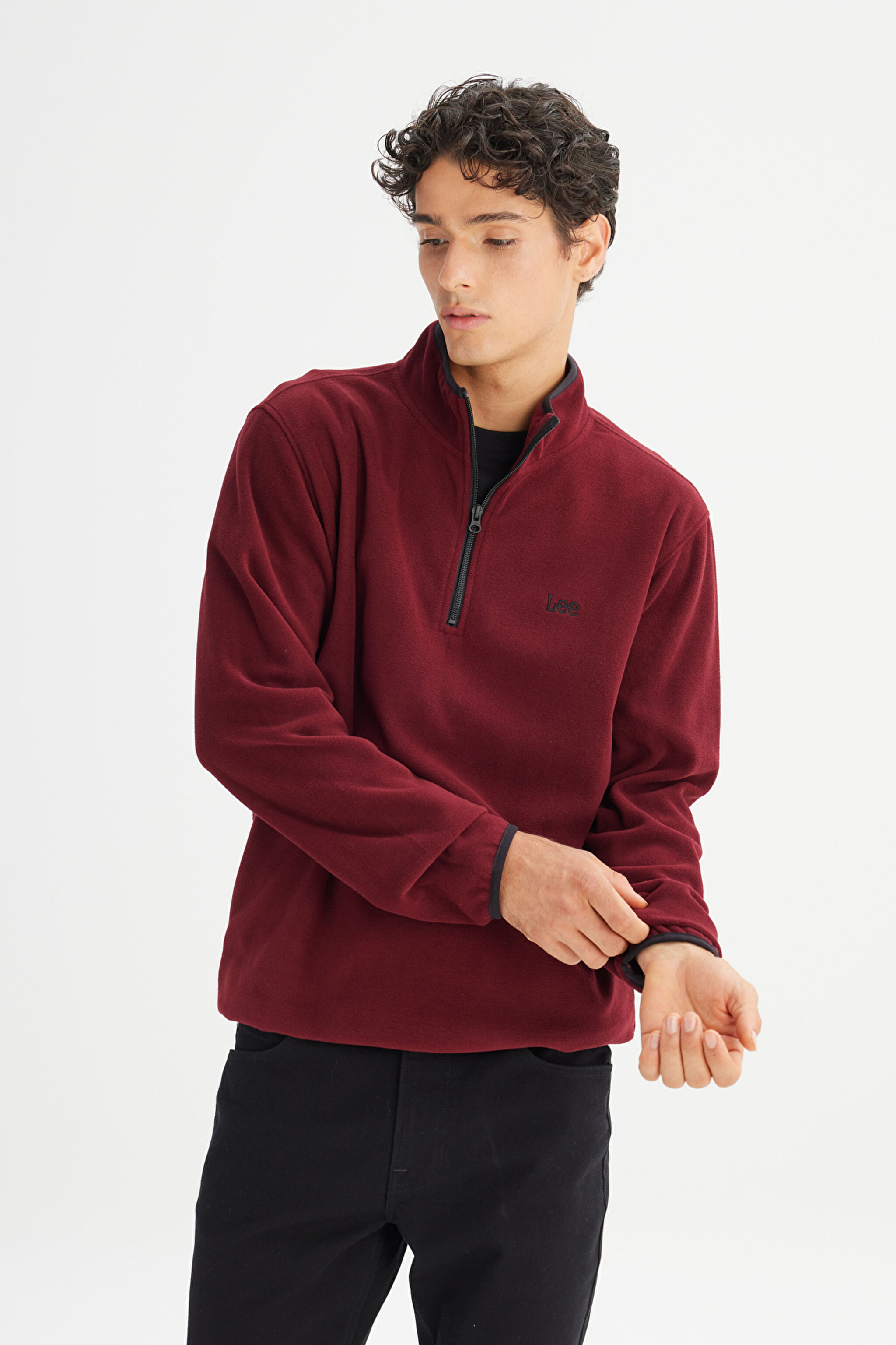 Regular Fit Normal Kesim Dik Yaka Yarım Fermuarlı Bordo Polar - Wine-L212208810 (görsel 3)