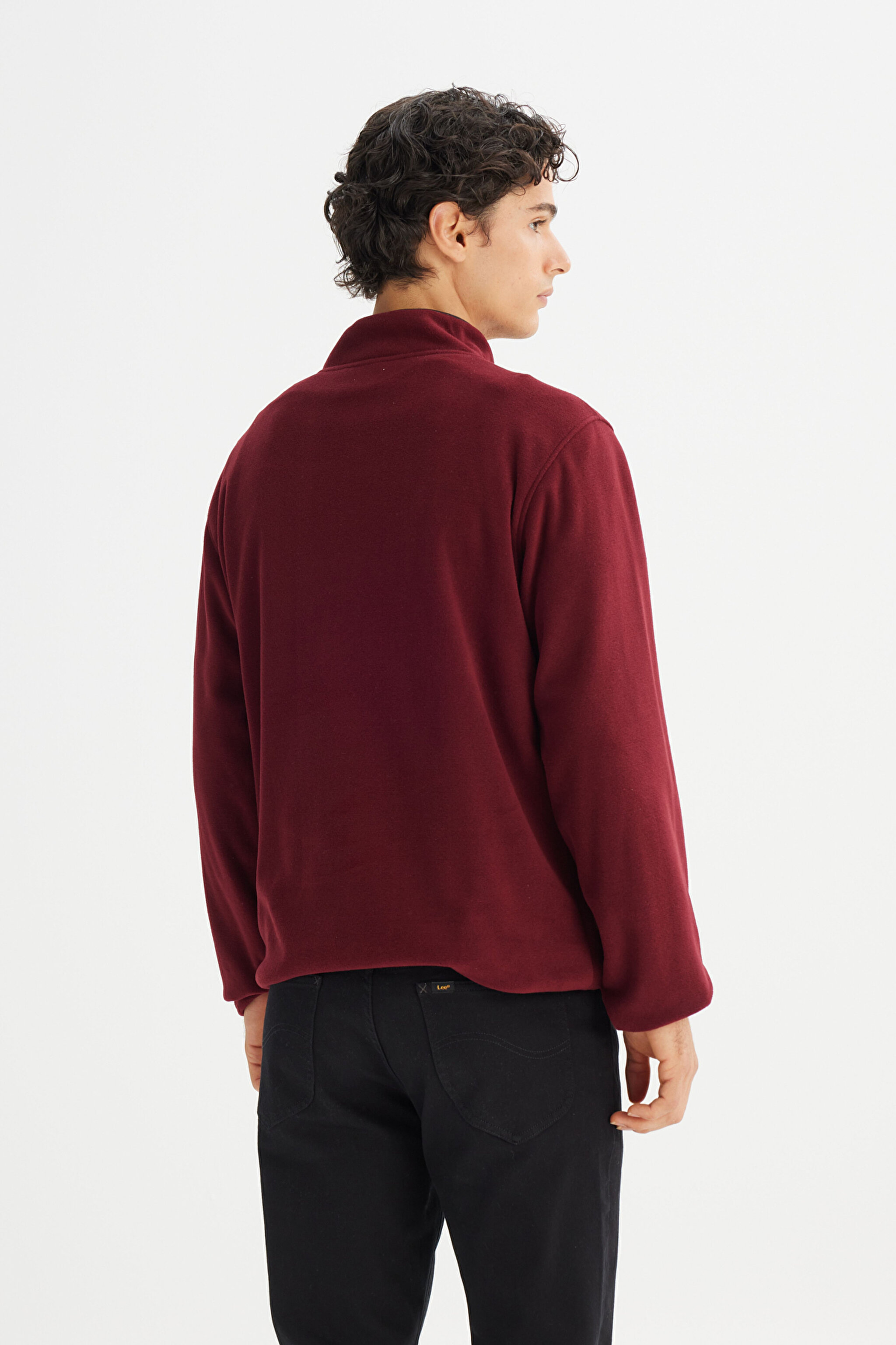 Regular Fit Normal Kesim Dik Yaka Yarım Fermuarlı Bordo Polar - Wine-L212208810 (görsel 5)