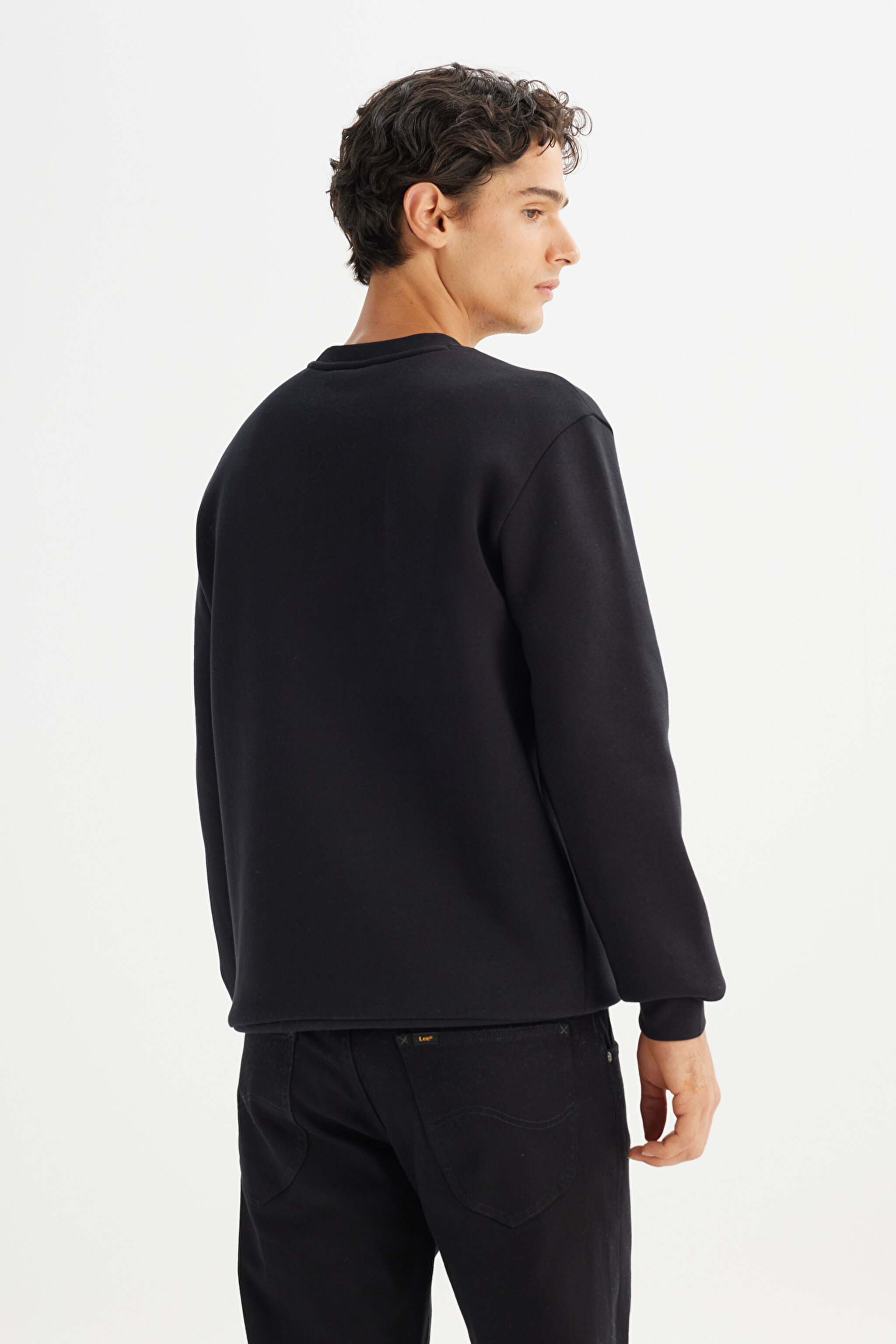 Regular Fit Normal Kesim Bisiklet Yaka İçi Polarlı Siyah Sweatshirt - Black-L212299001 (görsel 5)