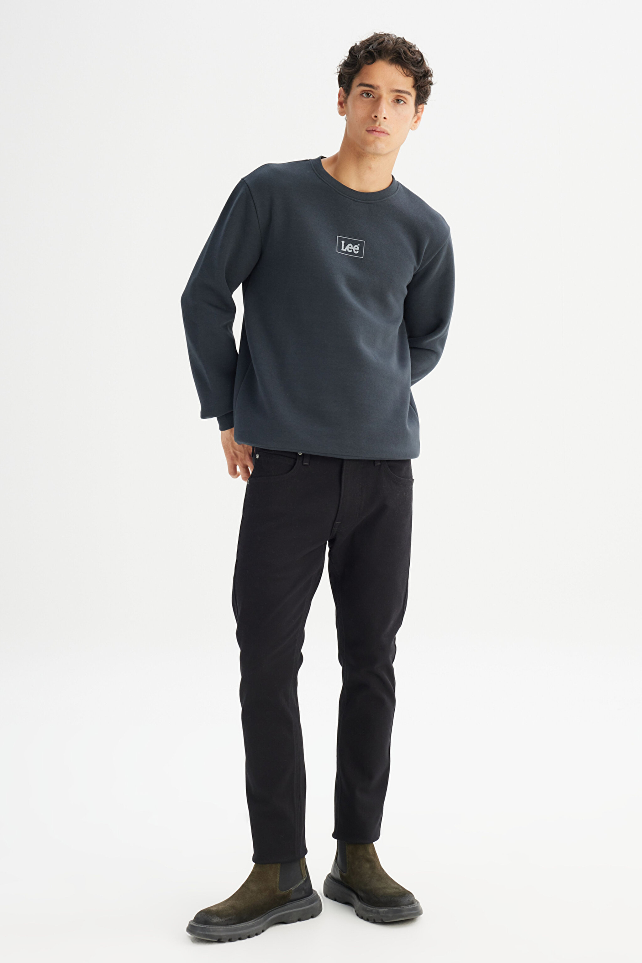 Regular Fit Normal Kesim Bisiklet Yaka İçi Polarlı Antrasit Sweatshirt - Washed Black-L212299XVD (görsel 2)