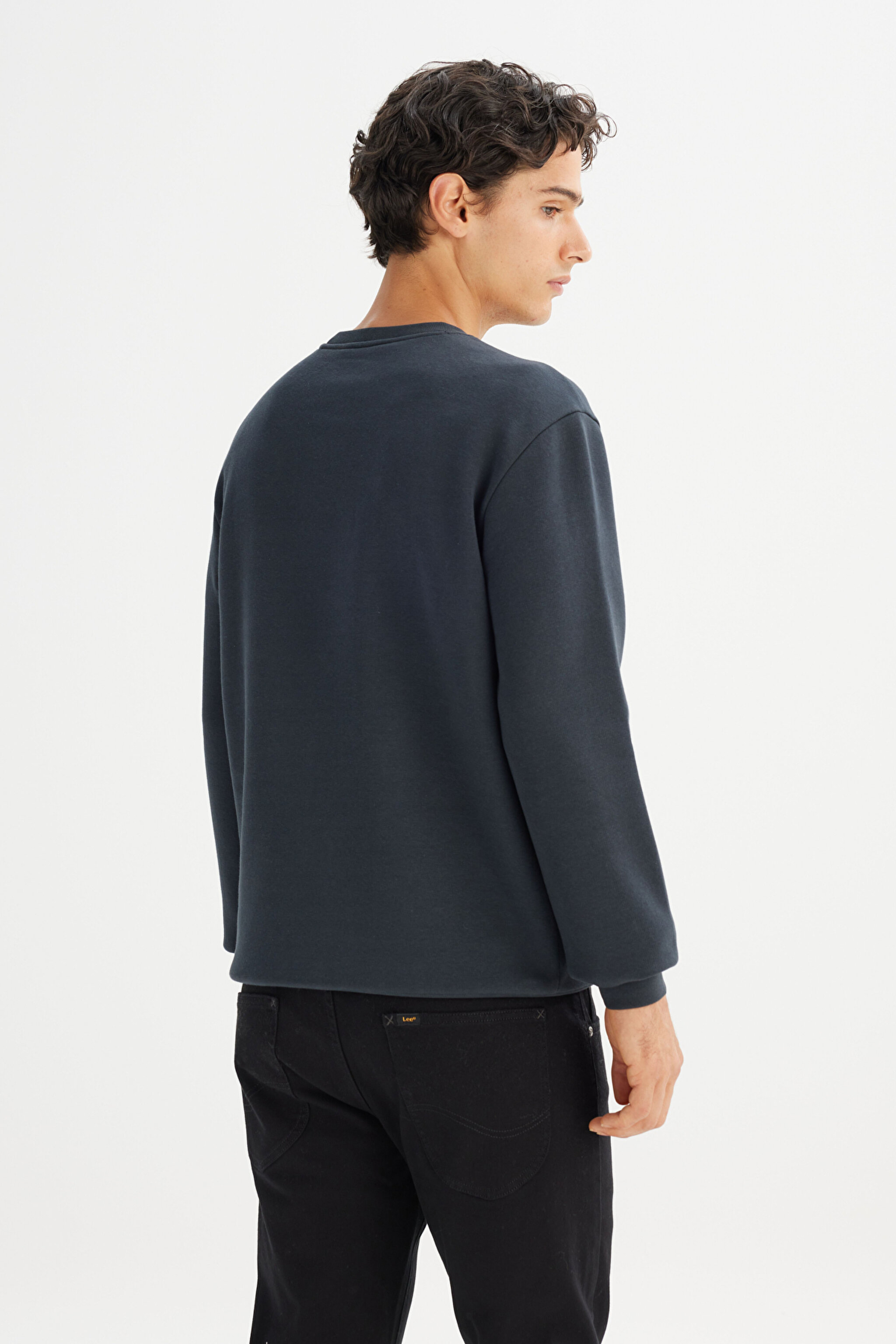 Regular Fit Normal Kesim Bisiklet Yaka İçi Polarlı Antrasit Sweatshirt - Washed Black-L212299XVD (görsel 5)