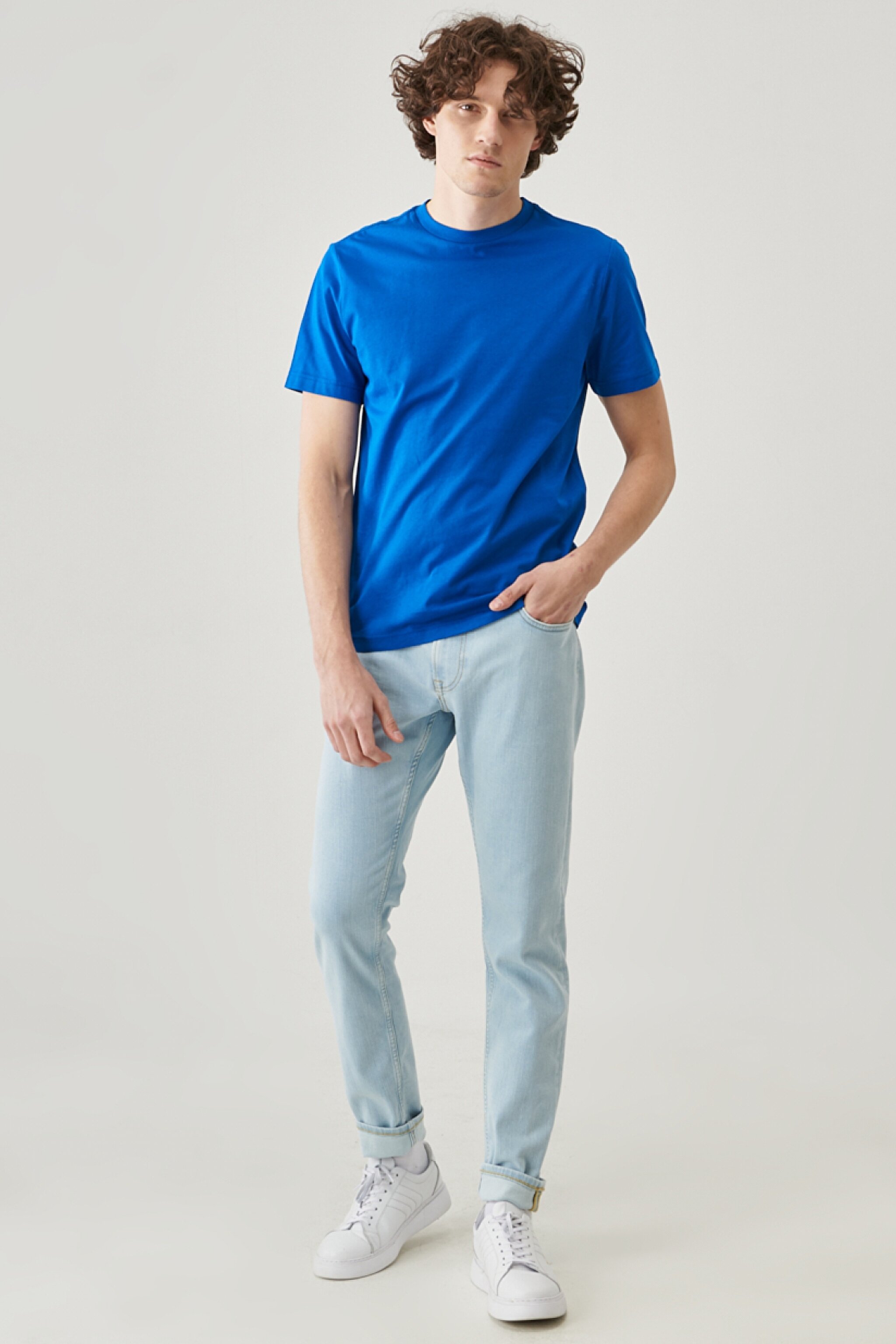 Regular Fit Rahat Kesim %100  Pamuk Kısa Kollu Crew Neck Tişört - Sax-L221069403 (görsel 2)