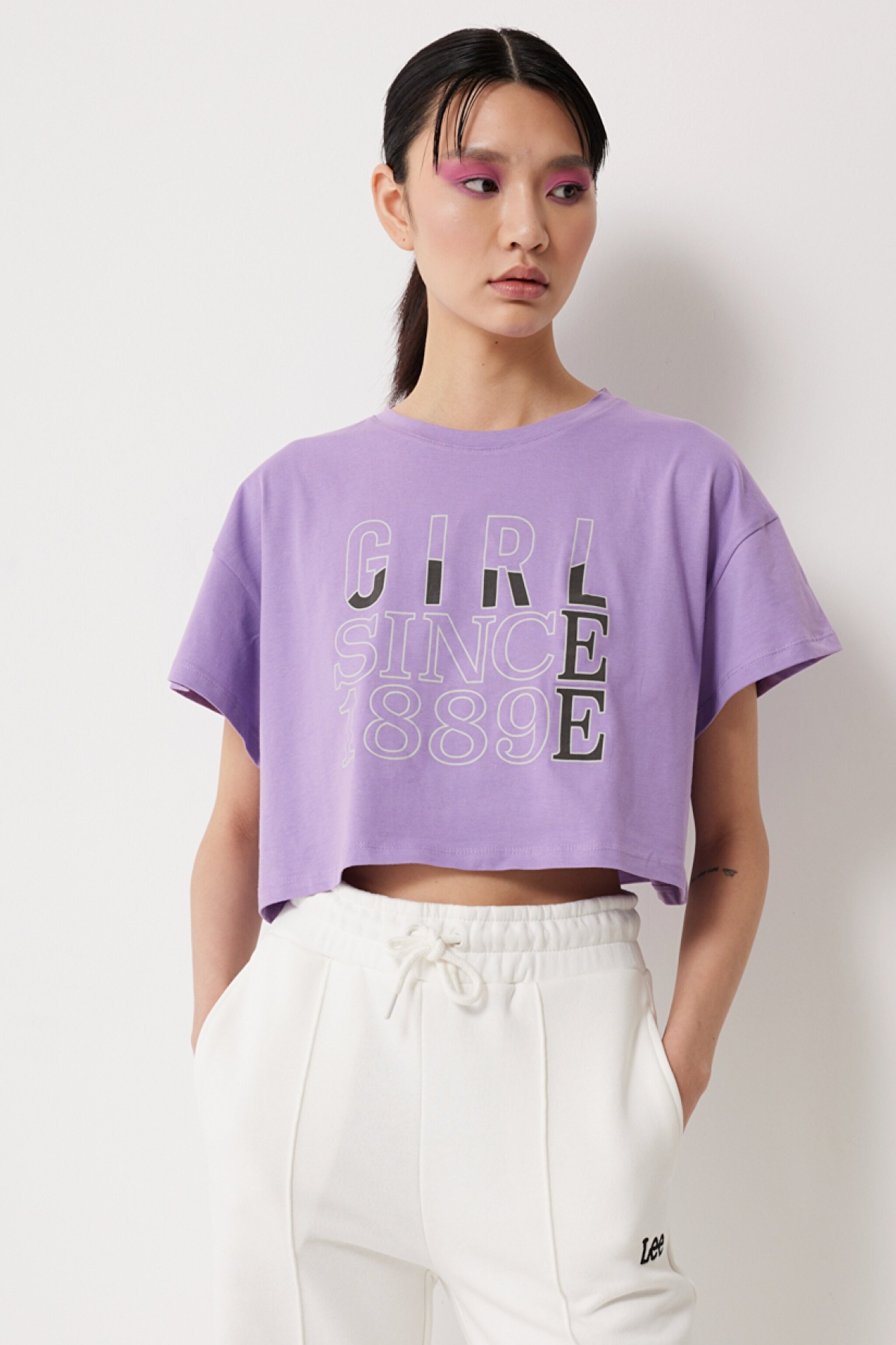 Loose Fit Rahat Kesim %100 Pamuk Bisiklet Yaka Mor Tişört - Purple-L221094499