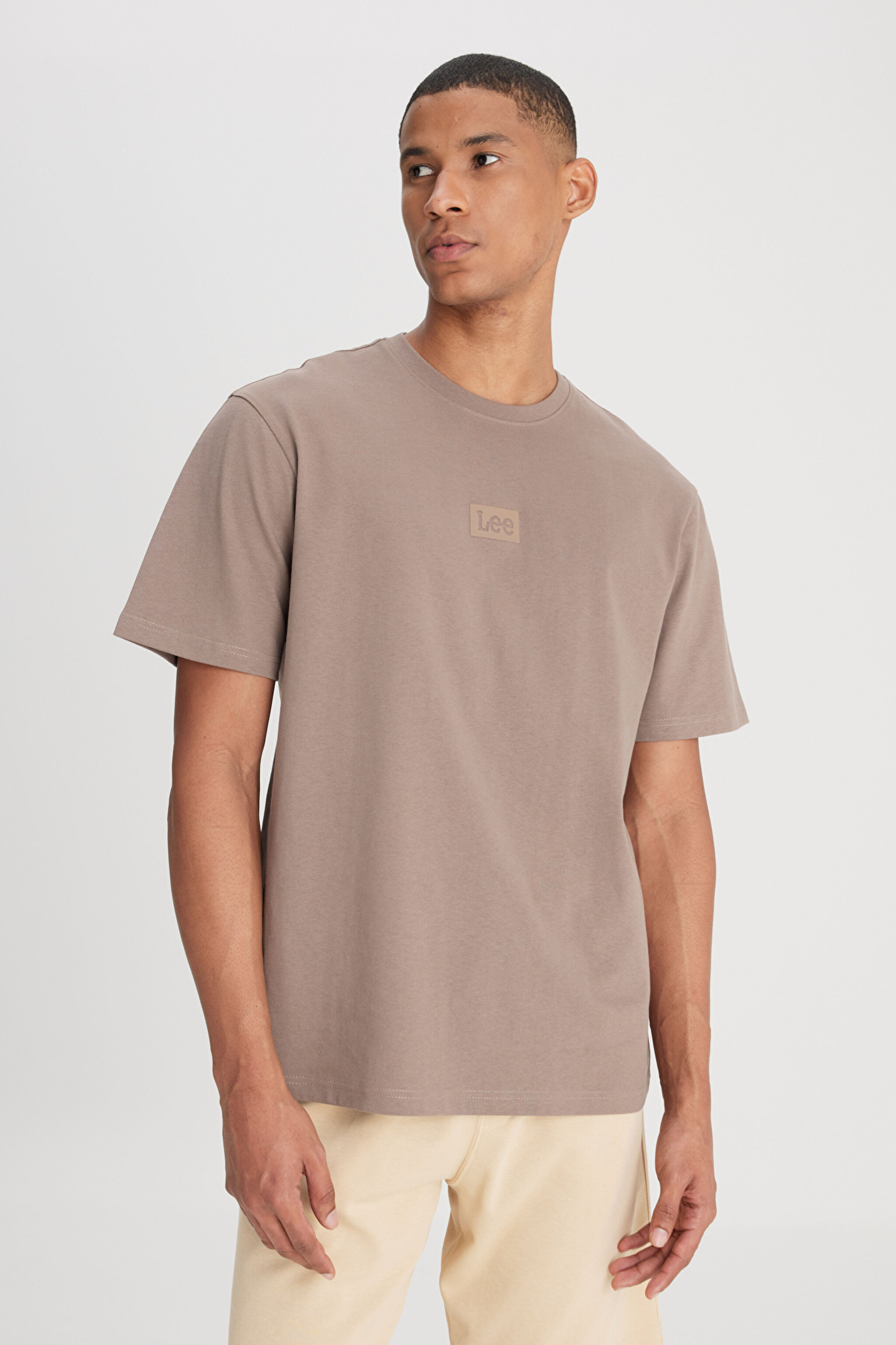 Loose Fit Rahat Kesim Bisiklet Yaka %100 Pamuk Taş Rengi Tişört - Mid Stone-L22200155 (görsel 3)