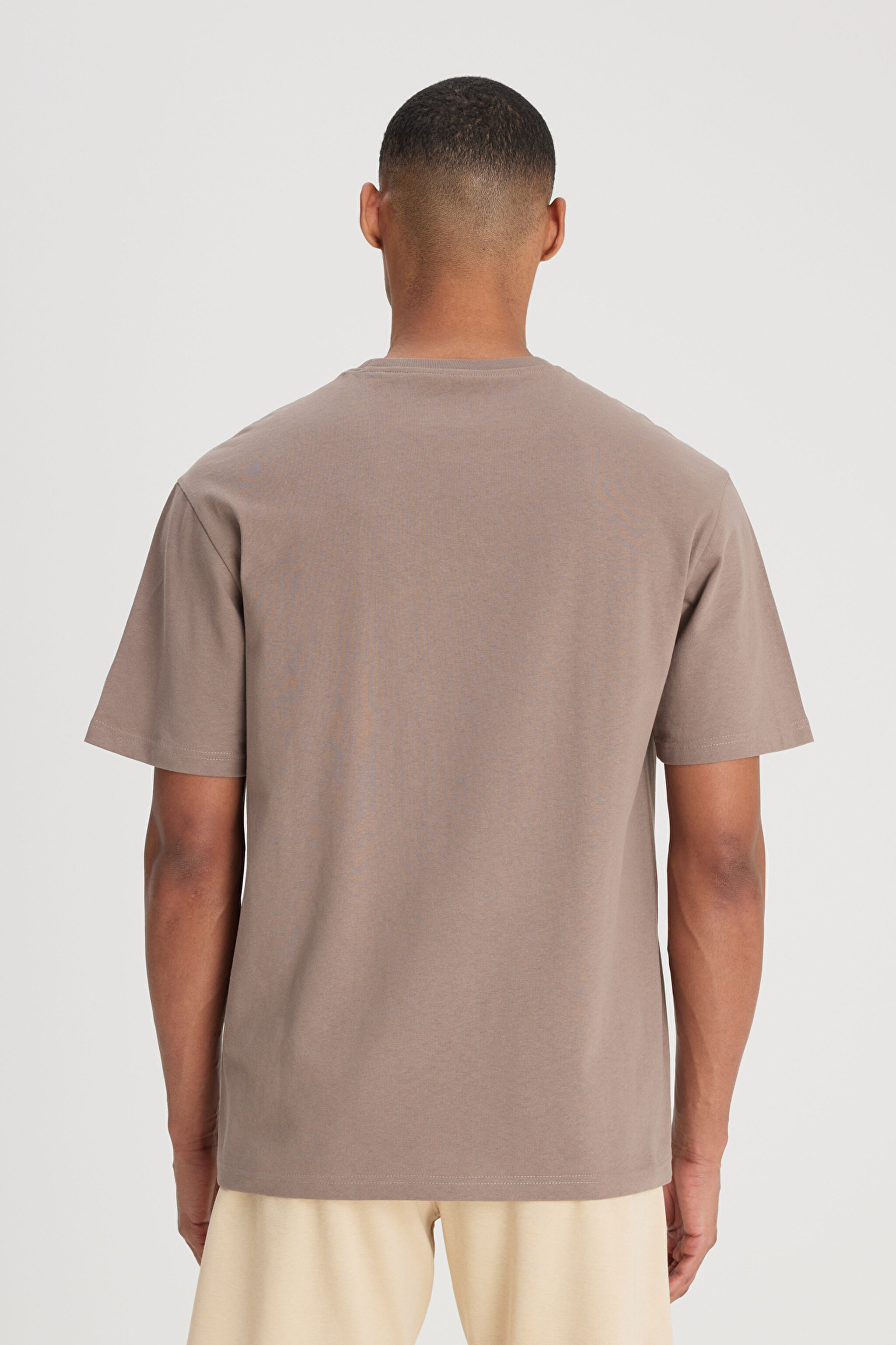 Loose Fit Rahat Kesim Bisiklet Yaka %100 Pamuk Taş Rengi Tişört - Mid Stone-L22200155 (görsel 6)