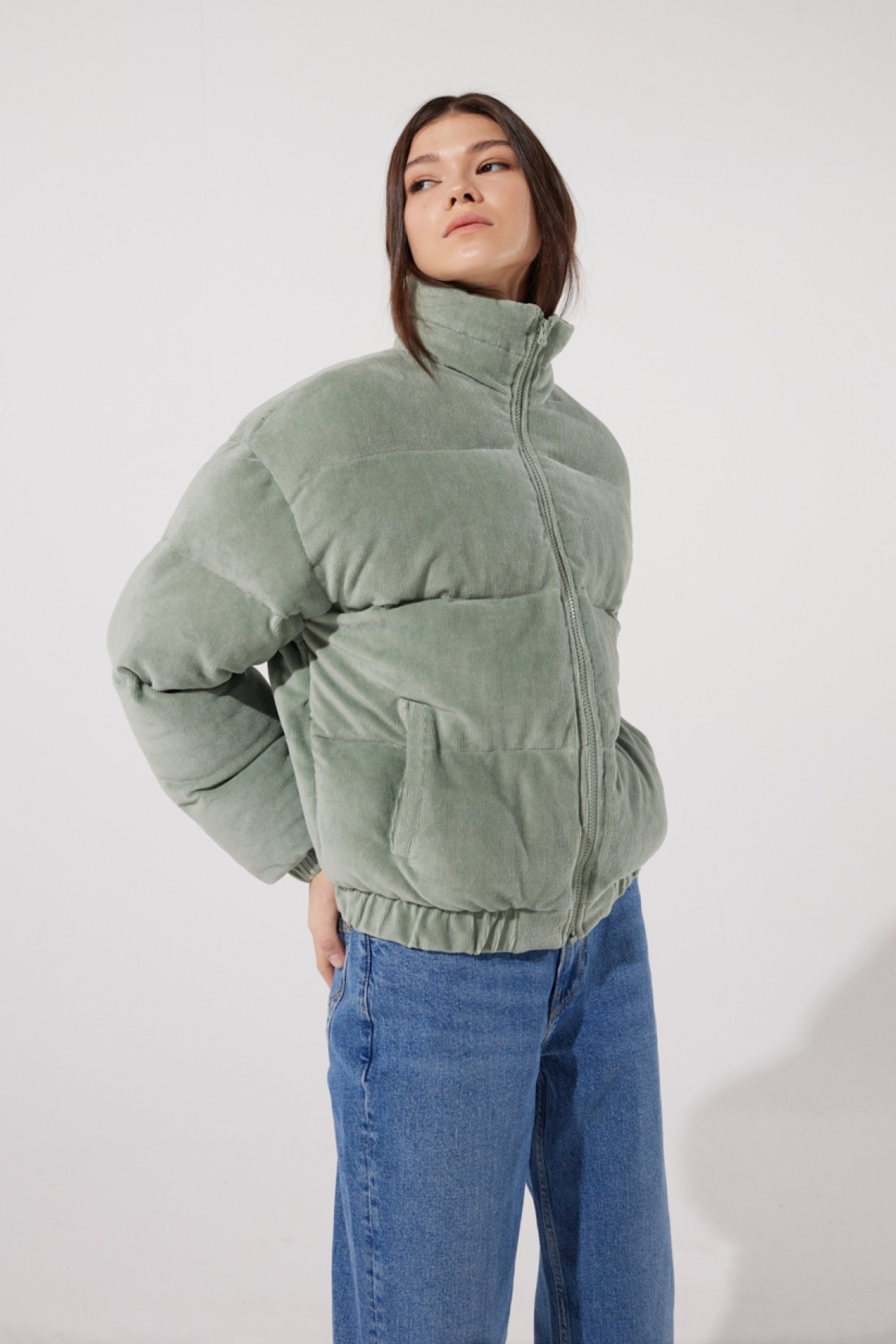 Regular Fit Normal Kesim Açık Gri Şişme Mont - Light Green-L222181299 (görsel 2)