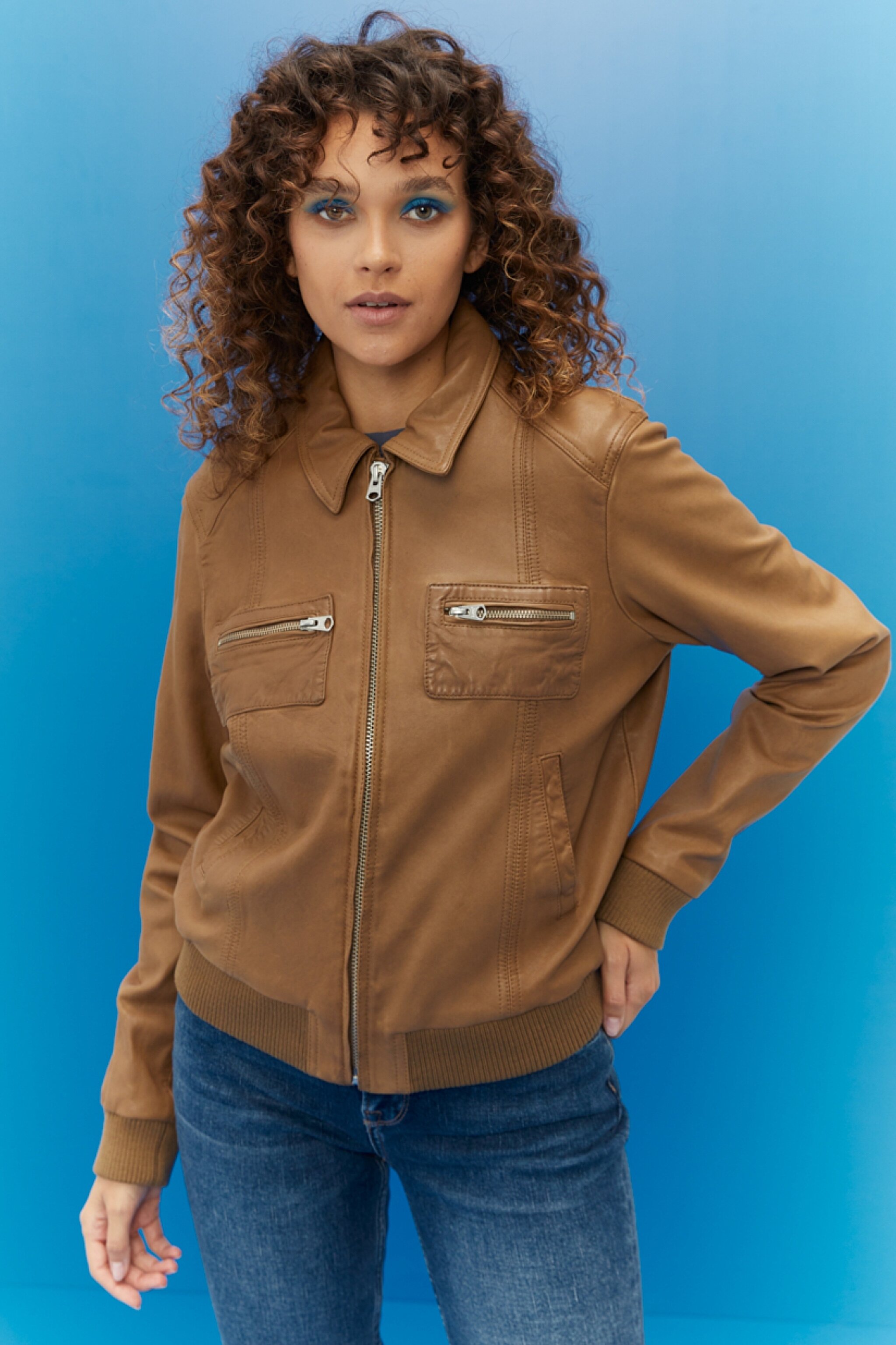 Regular Fit Normal Kesim %100 Deri Biker Ceket - Beige-L222260614 (görsel 2)