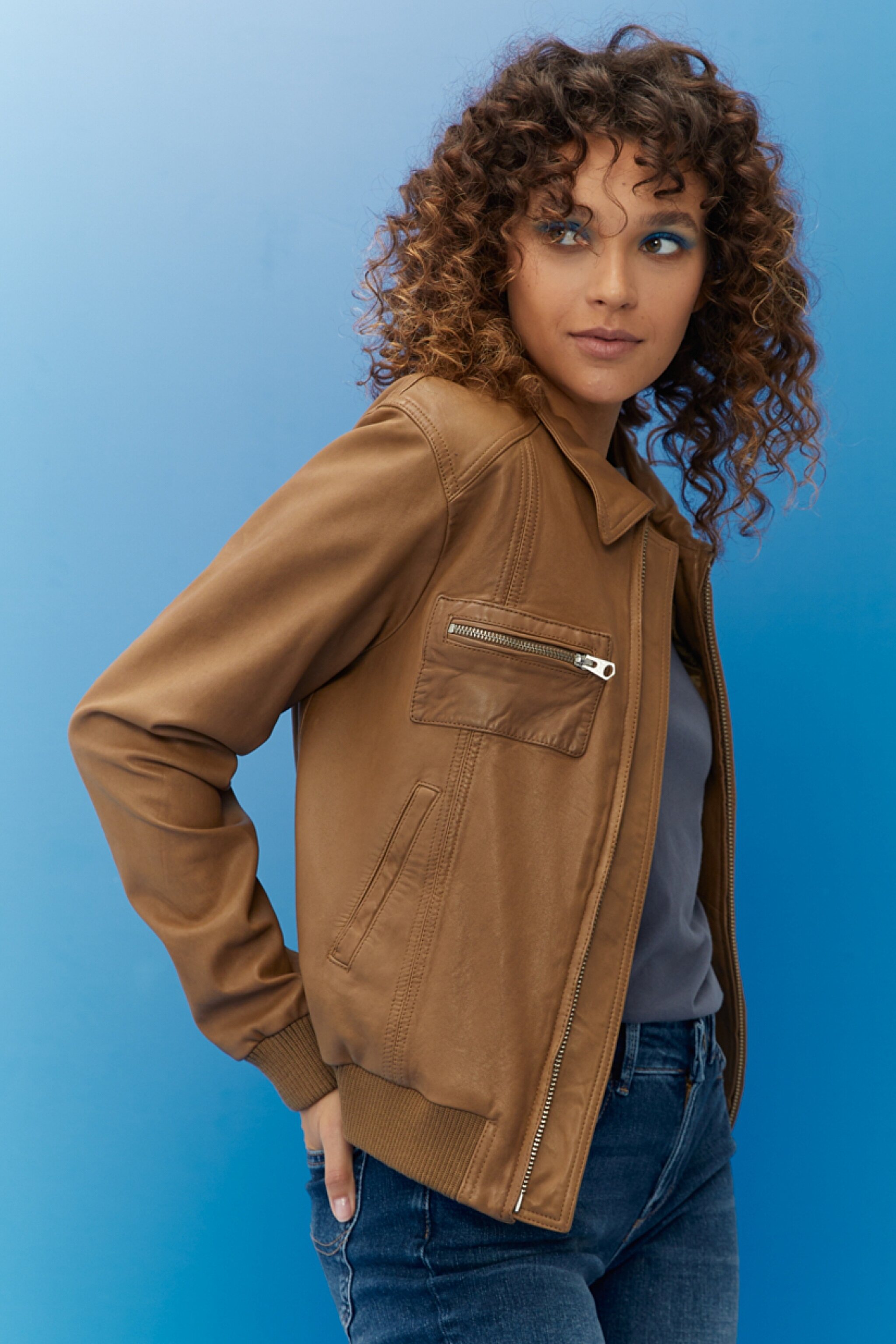 Regular Fit Normal Kesim %100 Deri Biker Ceket - Beige-L222260614 (görsel 3)