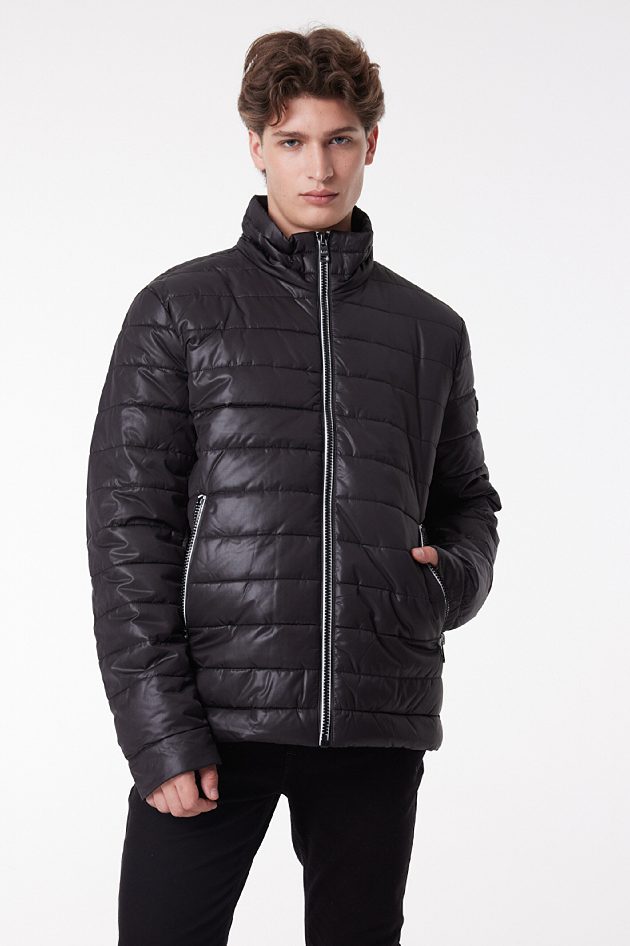 Regular Fit Normal Kesim Dik Yaka Siyah Şişme Mont - Black-L222378001 (görsel 2)