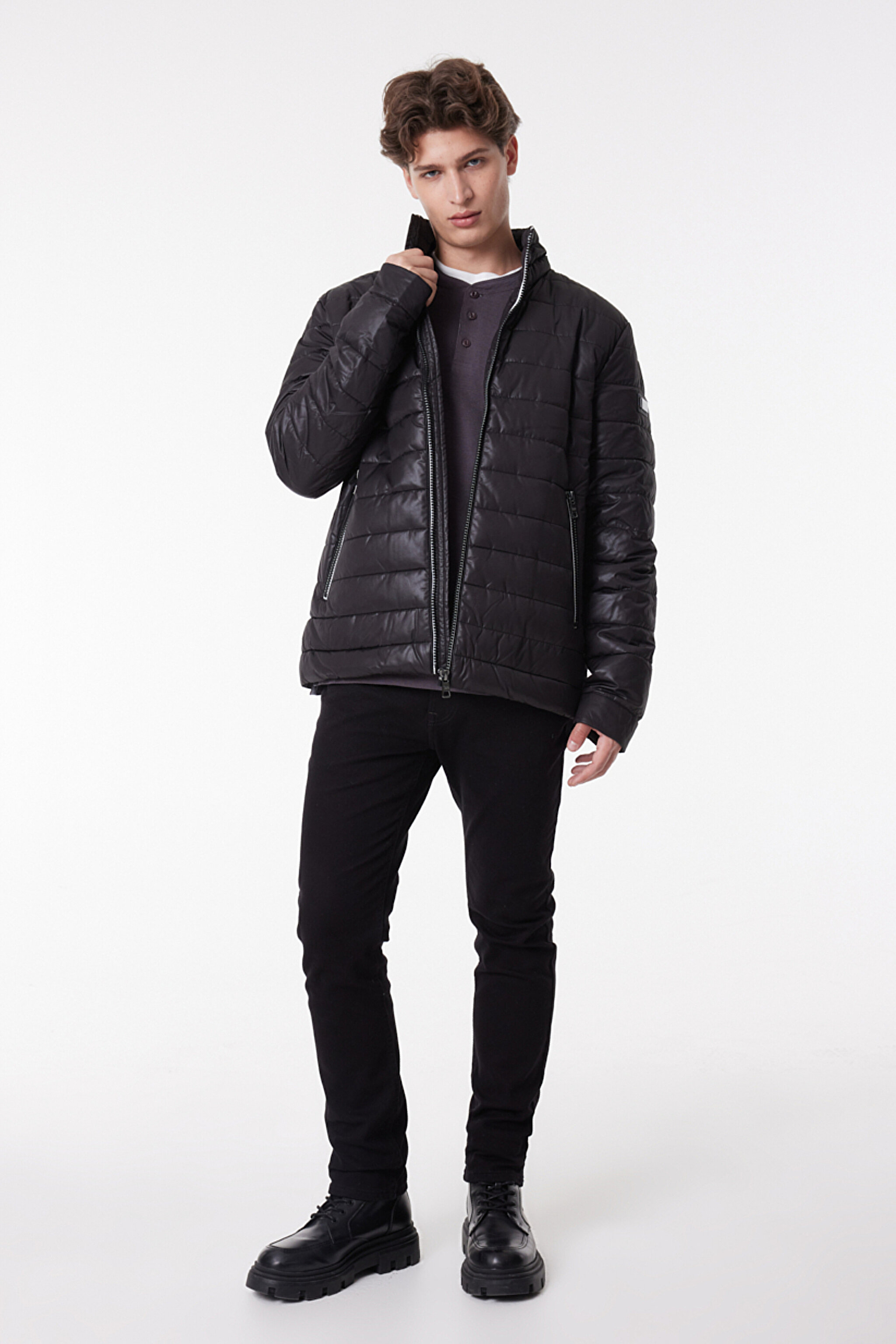 Regular Fit Normal Kesim Dik Yaka Siyah Şişme Mont - Black-L222378001 (görsel 3)
