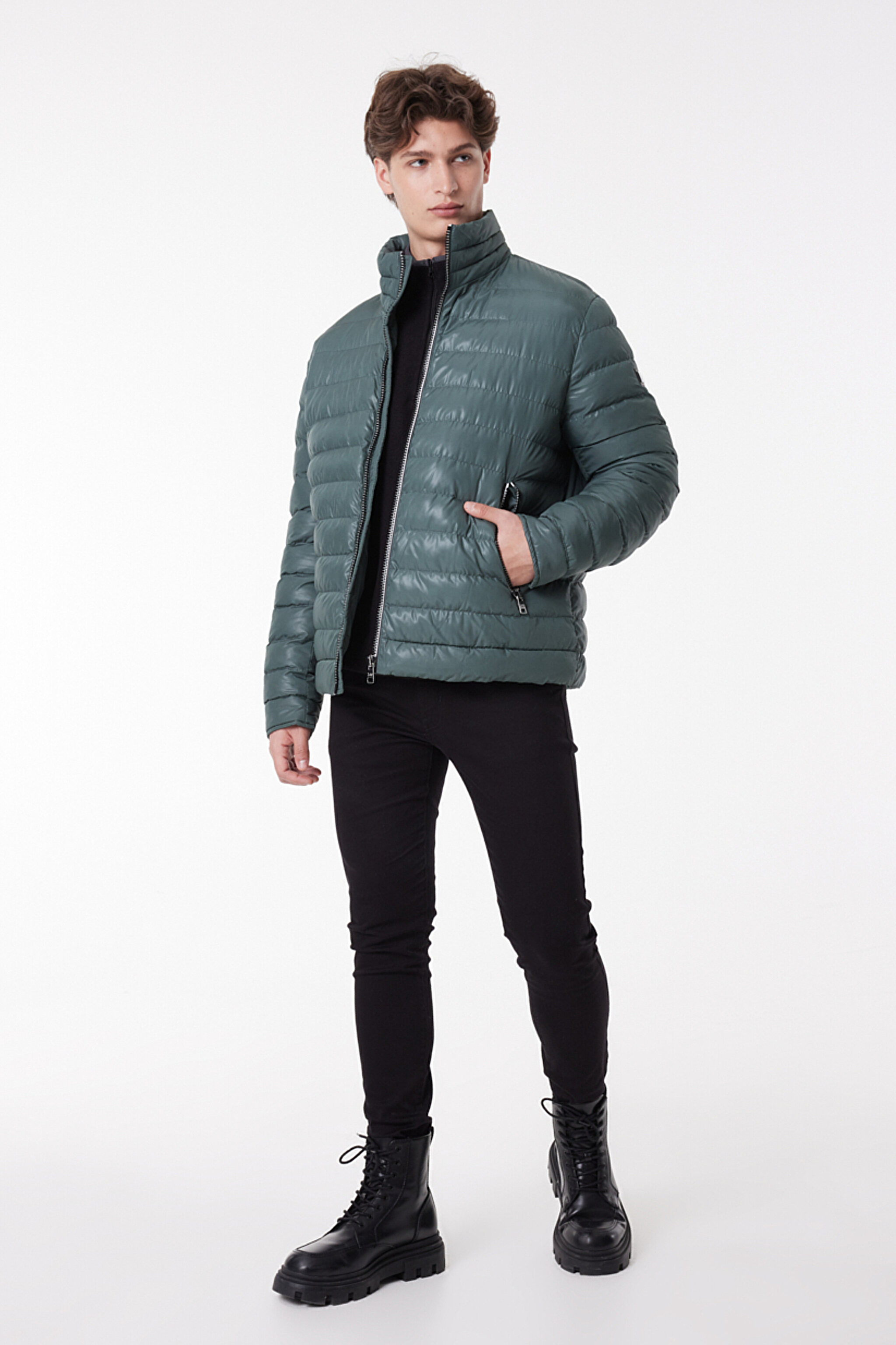 Regular Fit Normal Kesim Dik Yaka Haki Şişme Mont - Khaki-L222378801 (görsel 2)