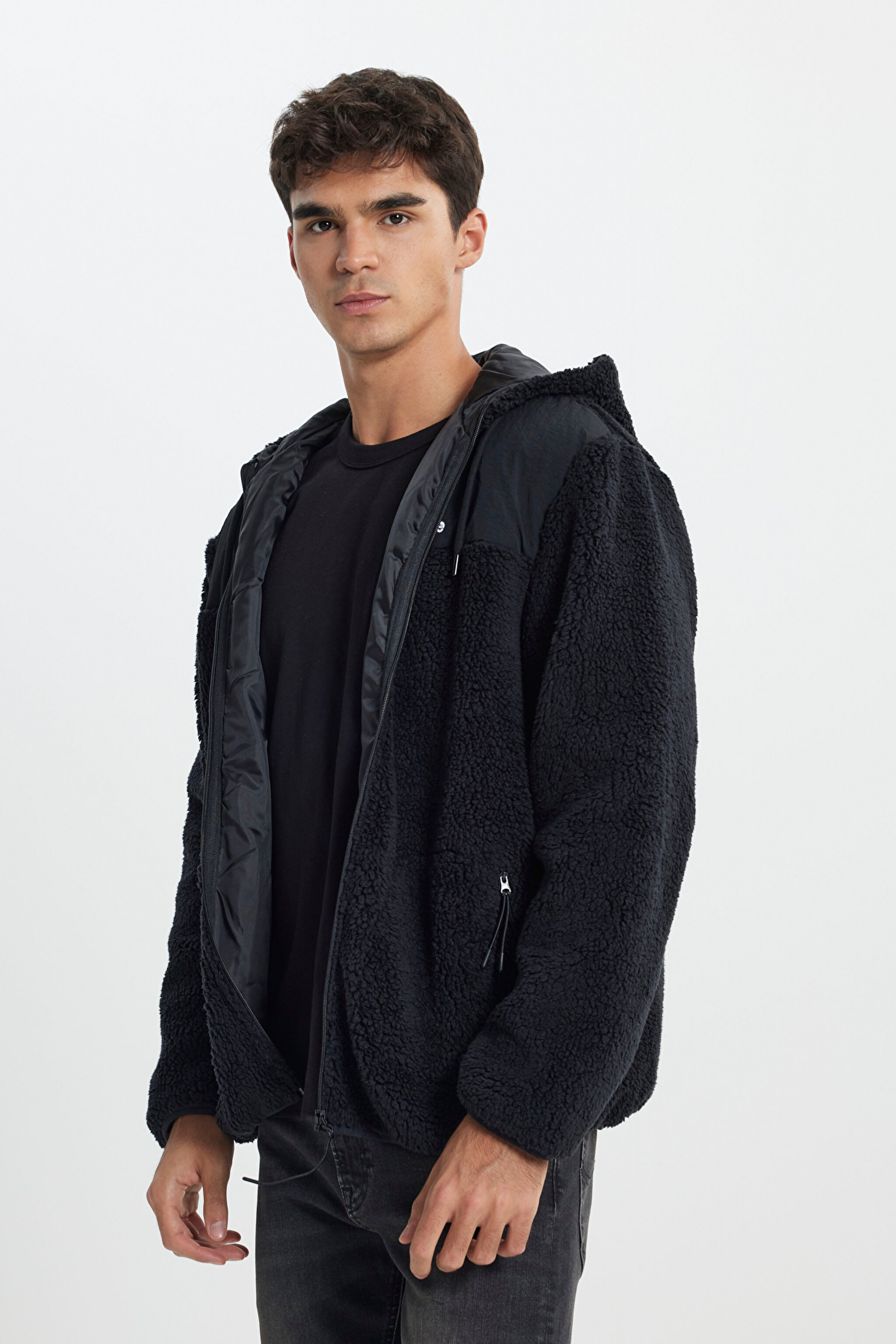 Regular Fit Normal Kesim Kapüşonlu Tam Fermuarlı Siyah Sherpa Ceket