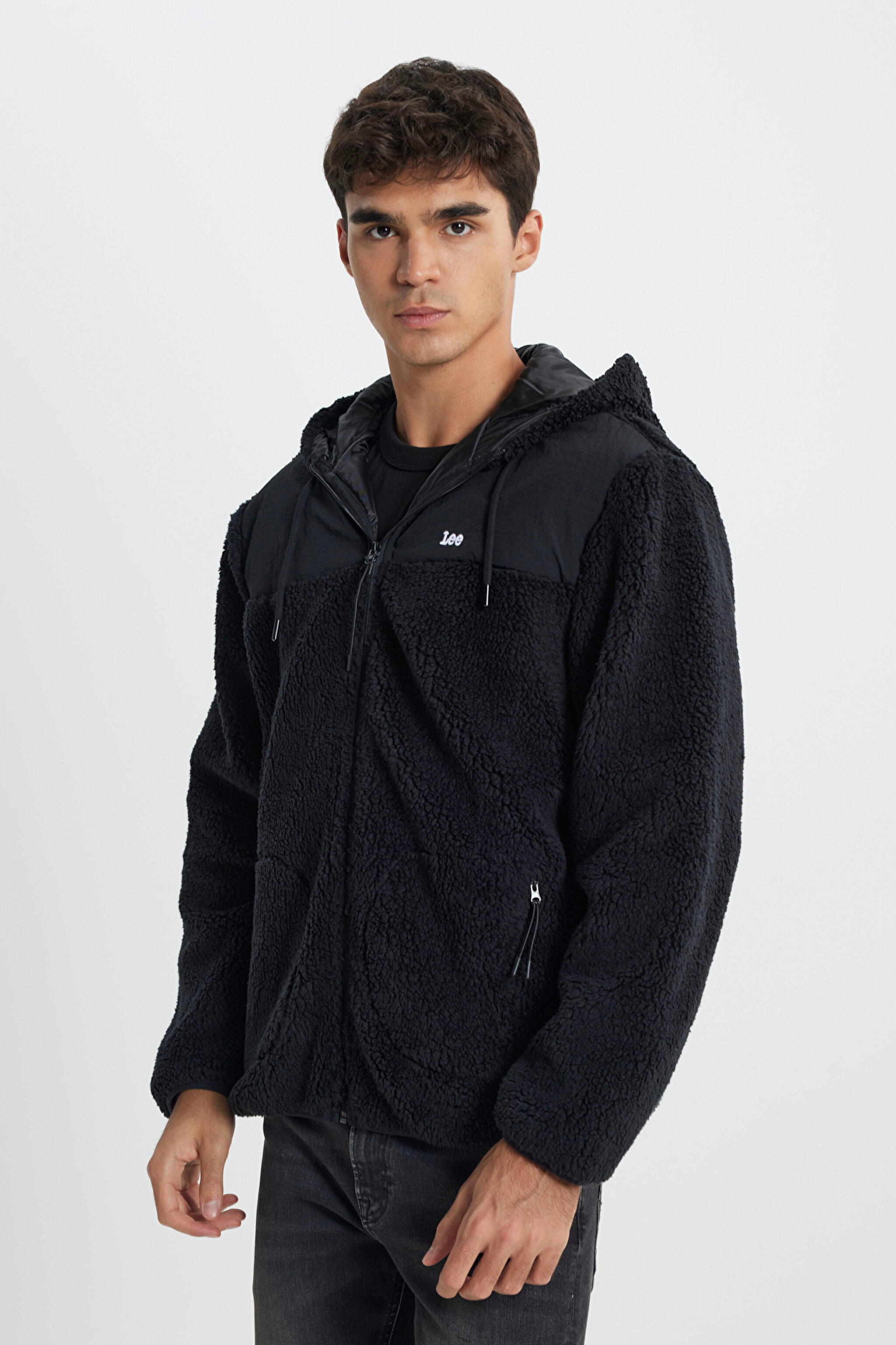 lee様 Regular Fit Normal Kesim Kapüşonlu Tam Fermuarlı Siyah Sherpa