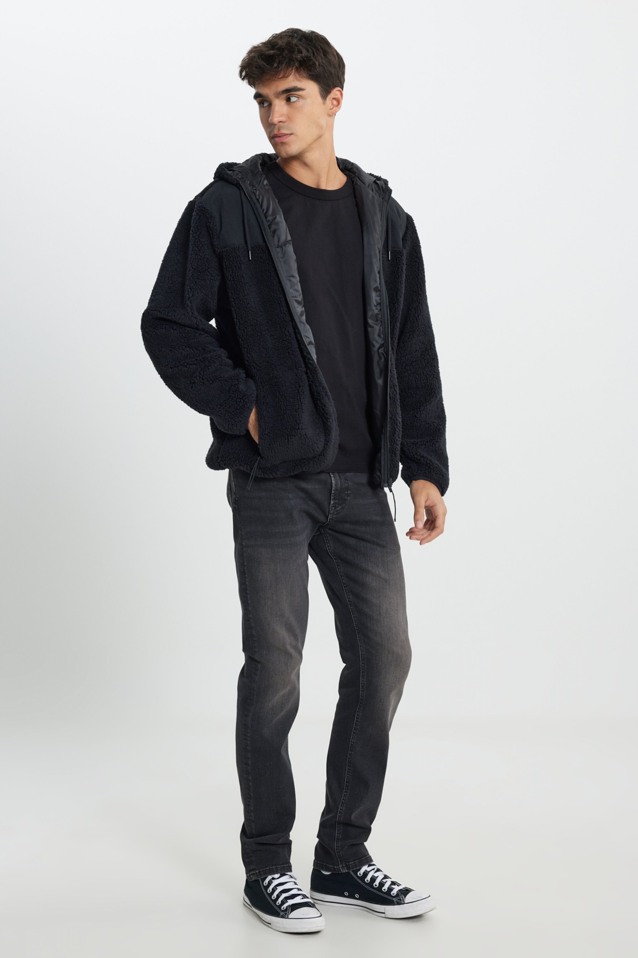 Regular Fit Normal Kesim Kapüşonlu Tam Fermuarlı Siyah Sherpa