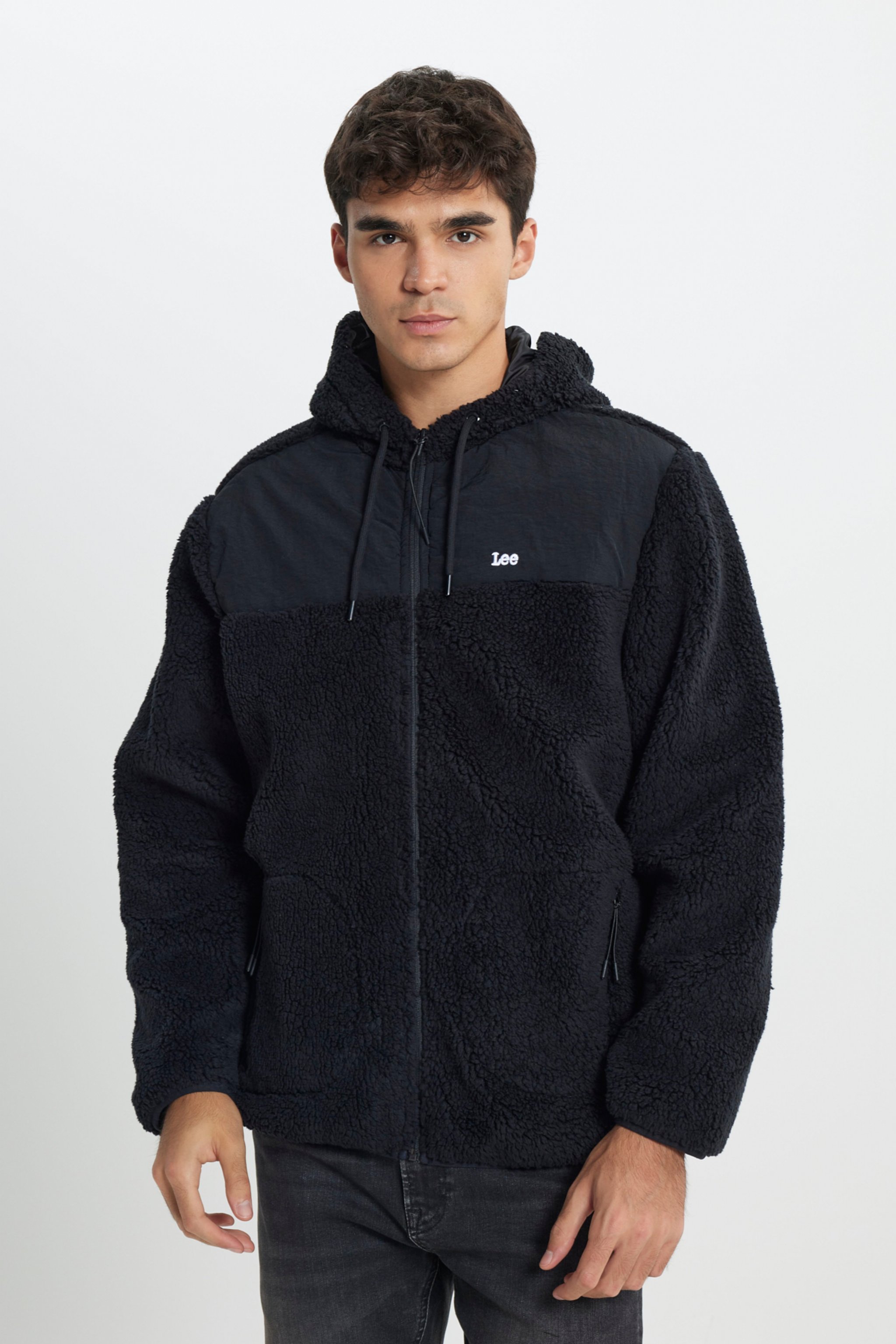 Regular Fit Normal Kesim Kapüşonlu Tam Fermuarlı Siyah Sherpa