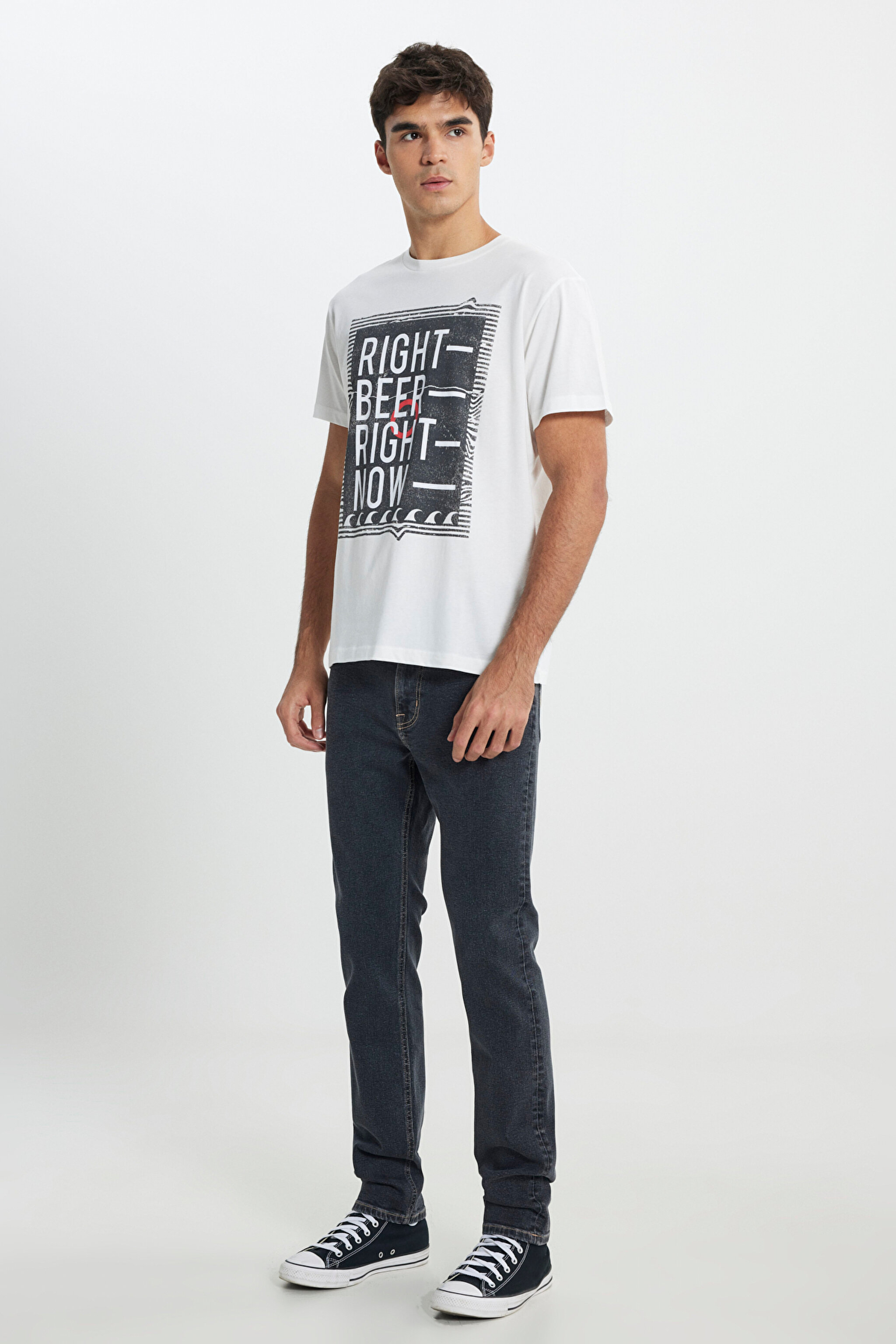 Regular Fit Normal Kesim %100 Pamuk Bisiklet Yaka Tişört - Off White-L222608102 (görsel 2)