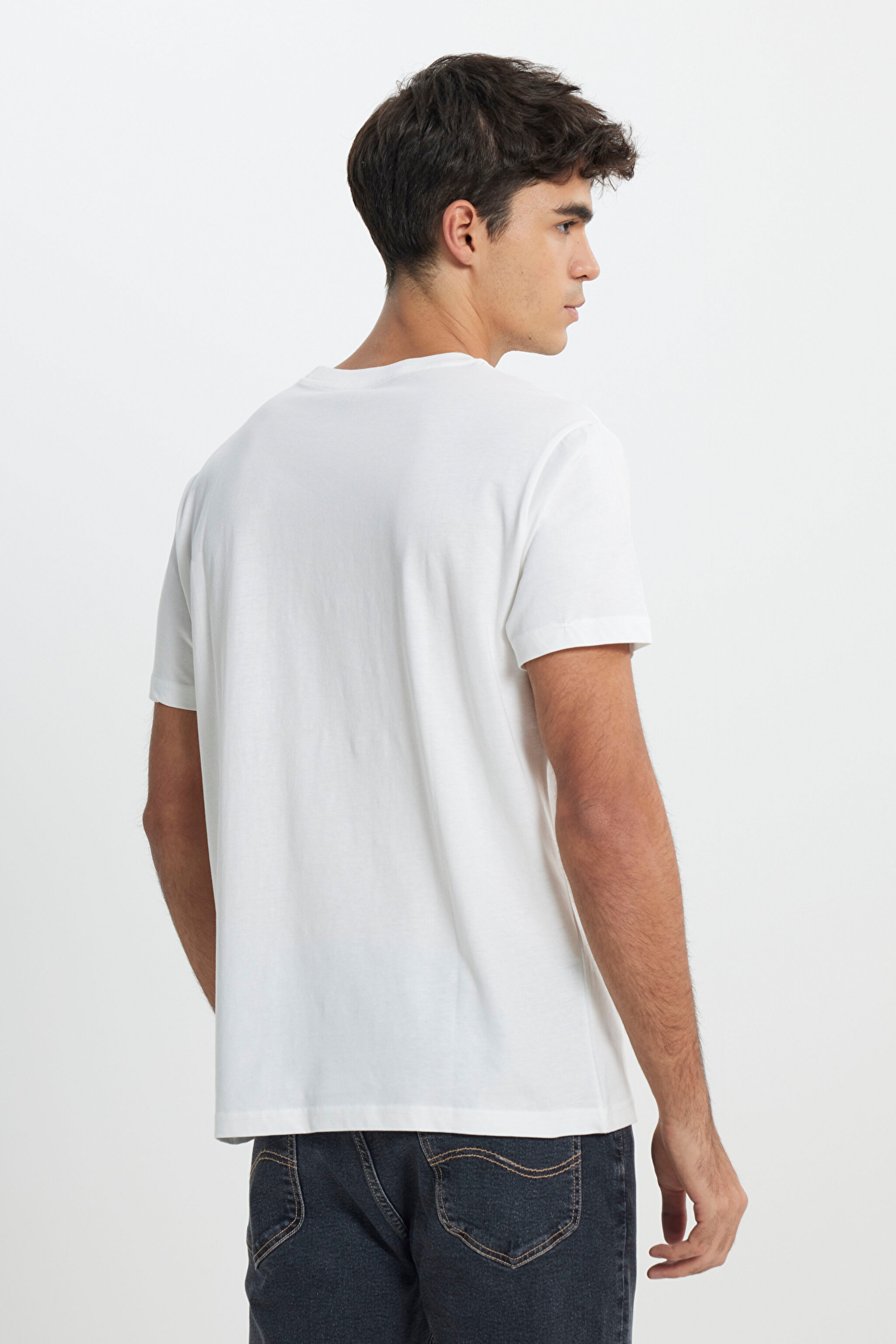 Regular Fit Normal Kesim %100 Pamuk Bisiklet Yaka Tişört - Off White-L222608102 (görsel 4)