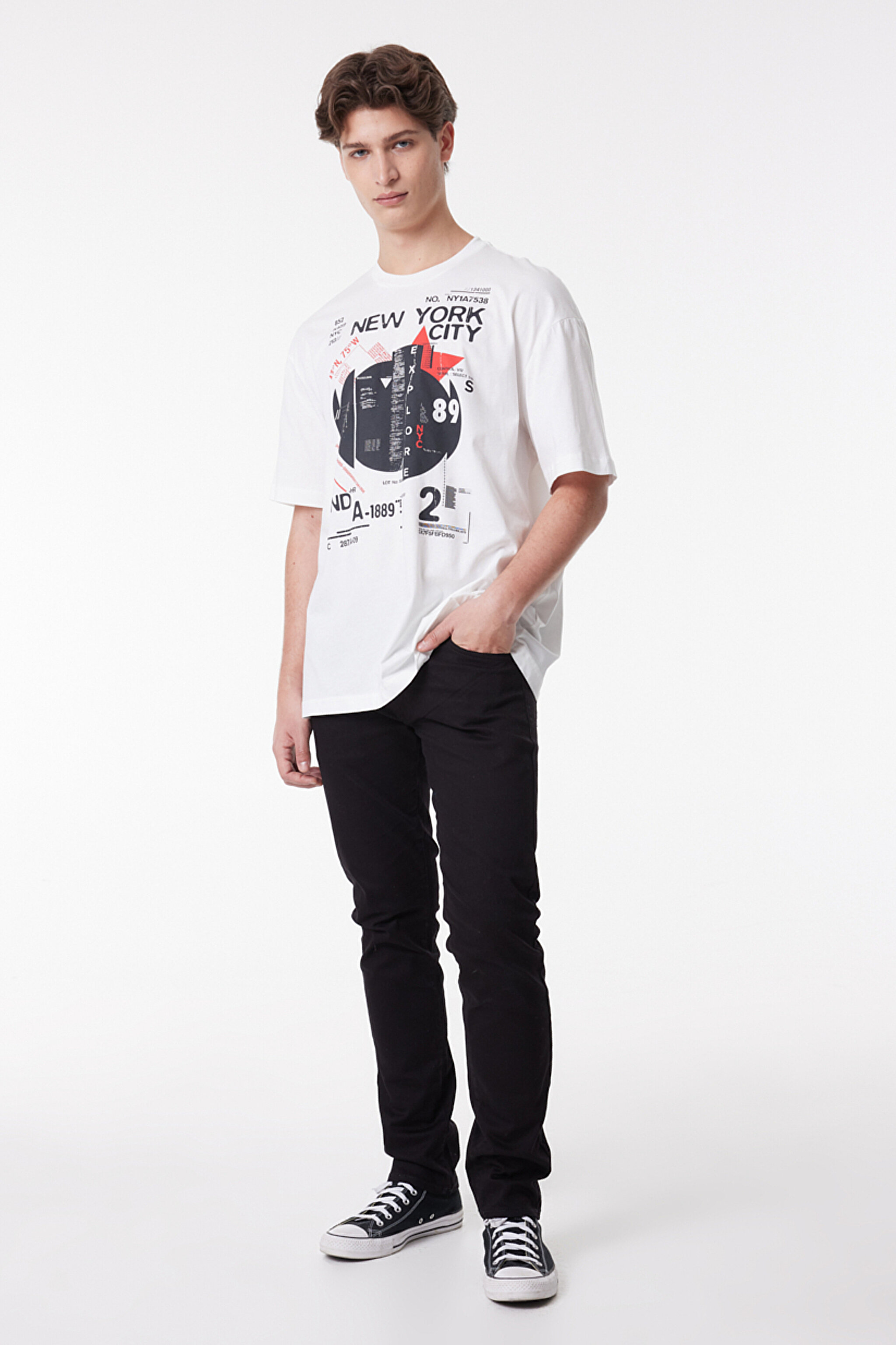 Loose Fit %100 Pamuk Bisiklet Yaka Tişört - Off White-L222617102