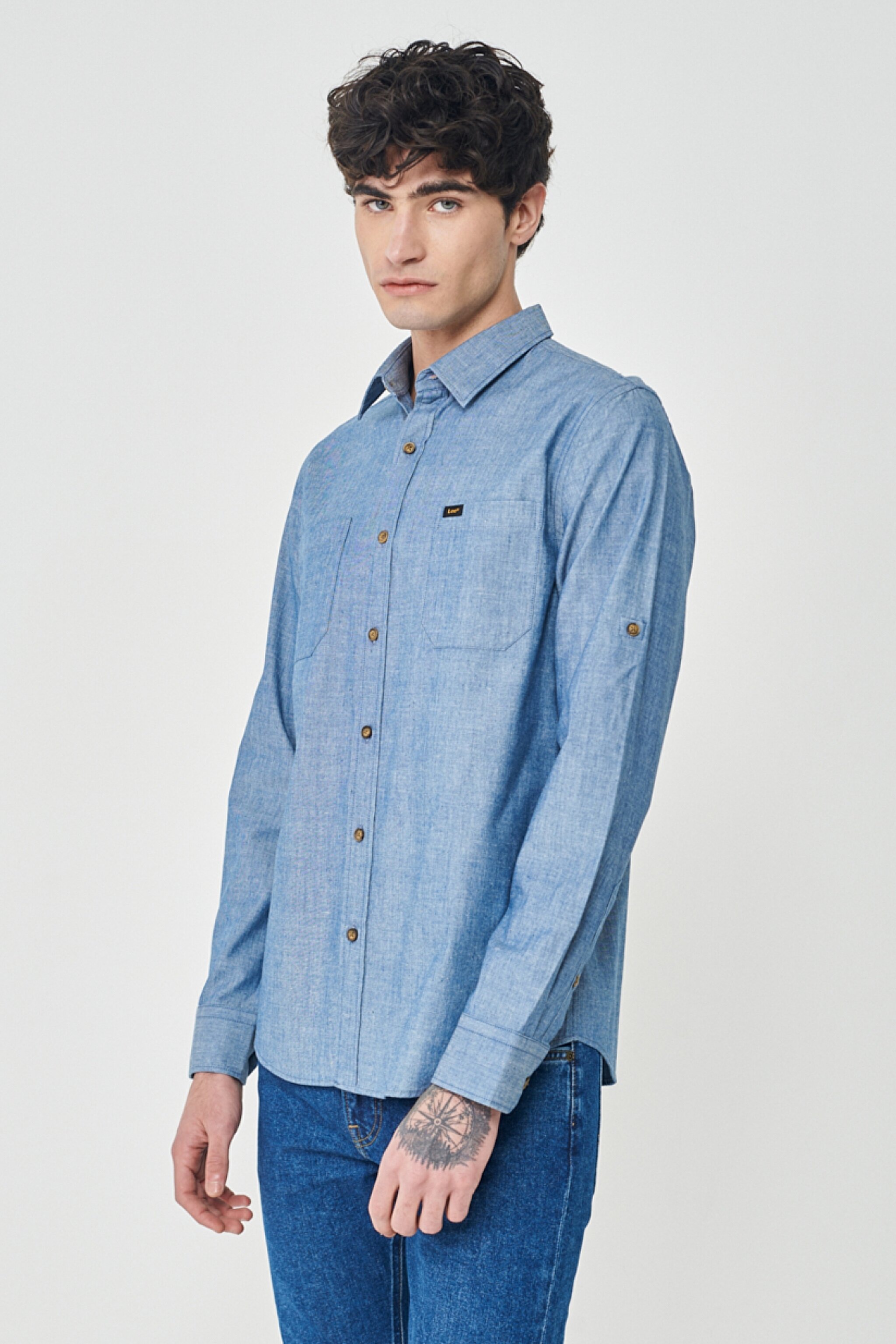 Regular Fit Normal Kesim %100 Pamuk Mavi Jean Kot Gömlek - Rinse-L23104736 (görsel 3)