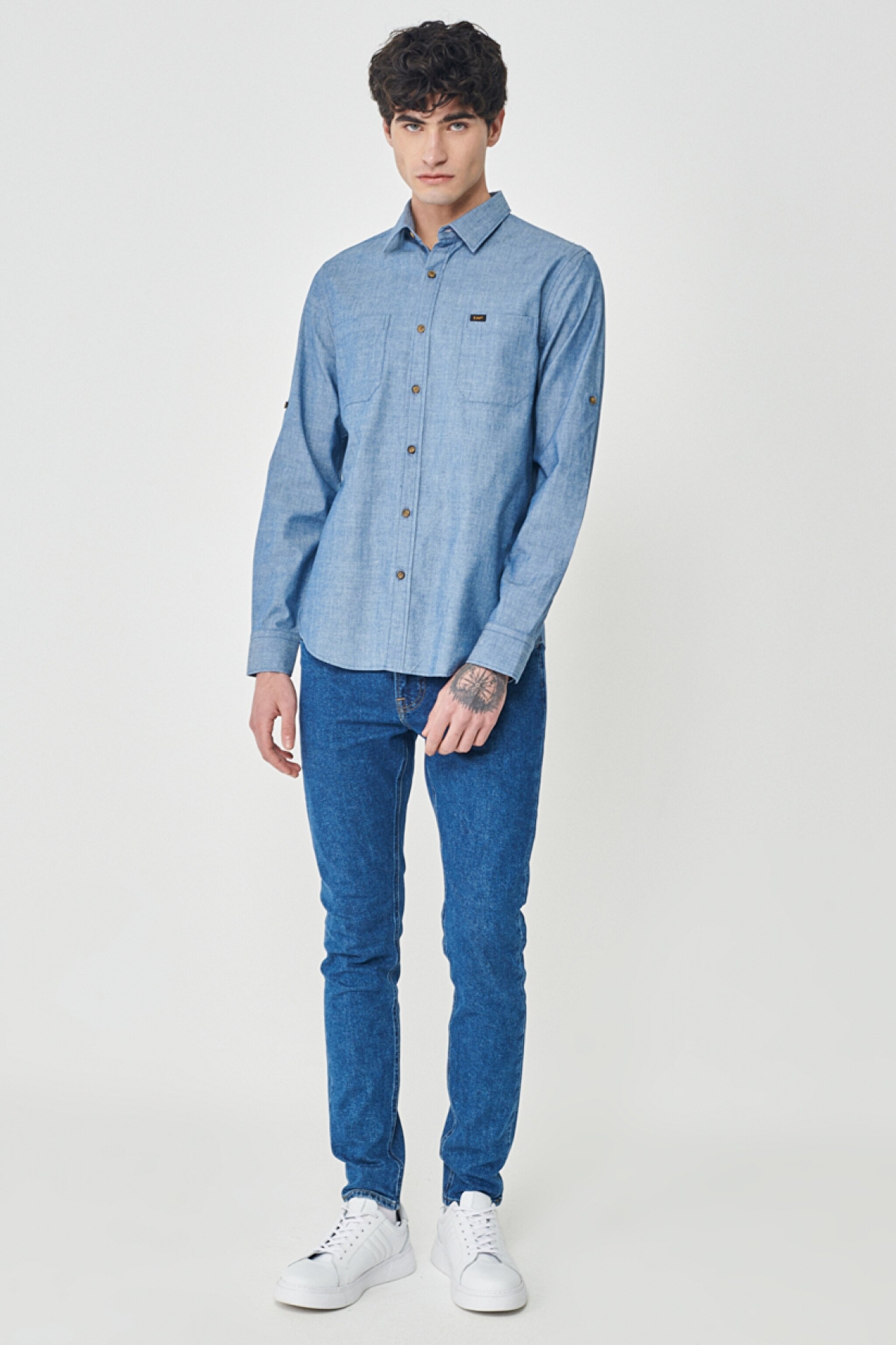 Regular Fit Normal Kesim %100 Pamuk Mavi Jean Kot Gömlek - Rinse-L23104736 (görsel 5)