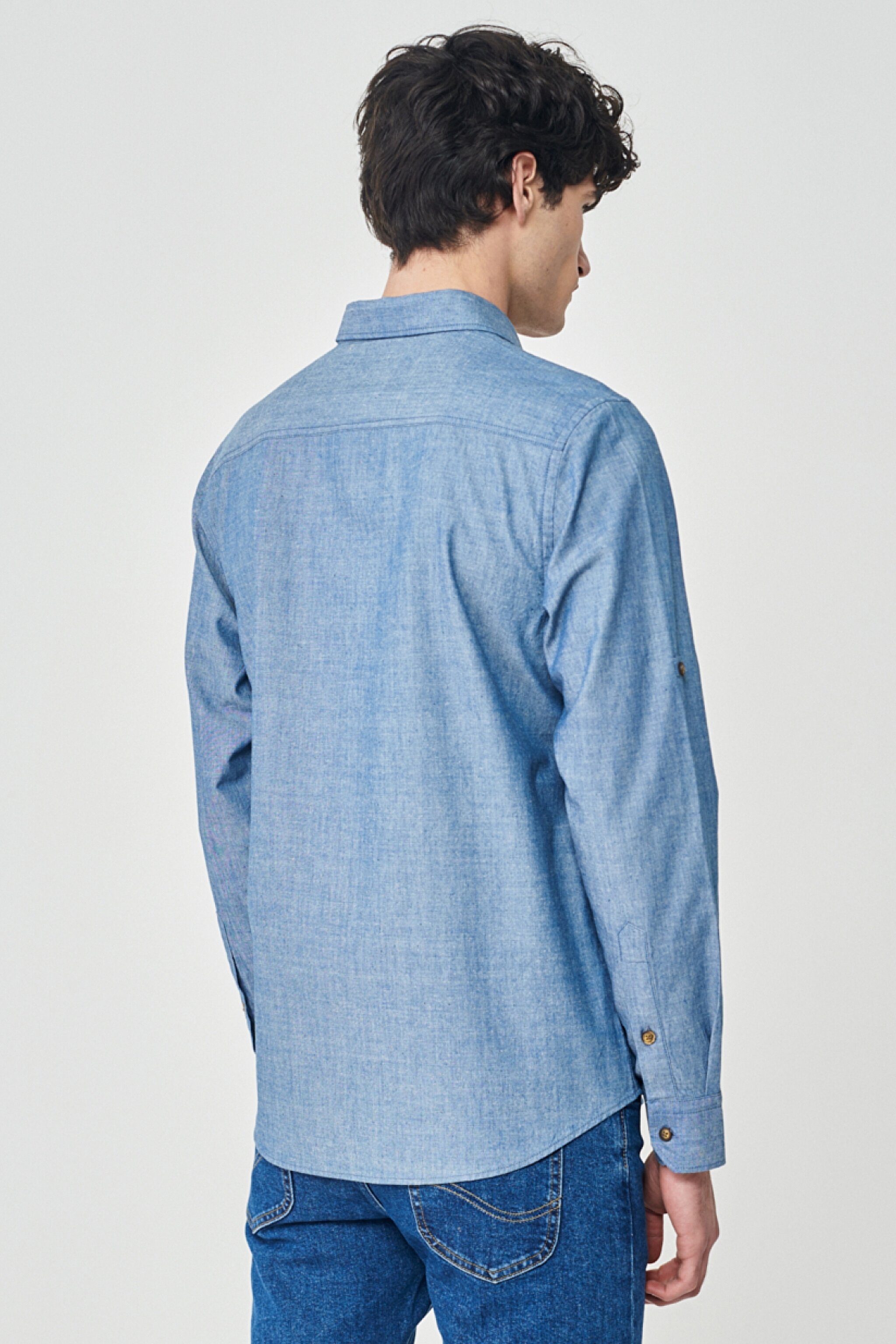 Regular Fit Normal Kesim %100 Pamuk Mavi Jean Kot Gömlek - Rinse-L23104736 (görsel 6)