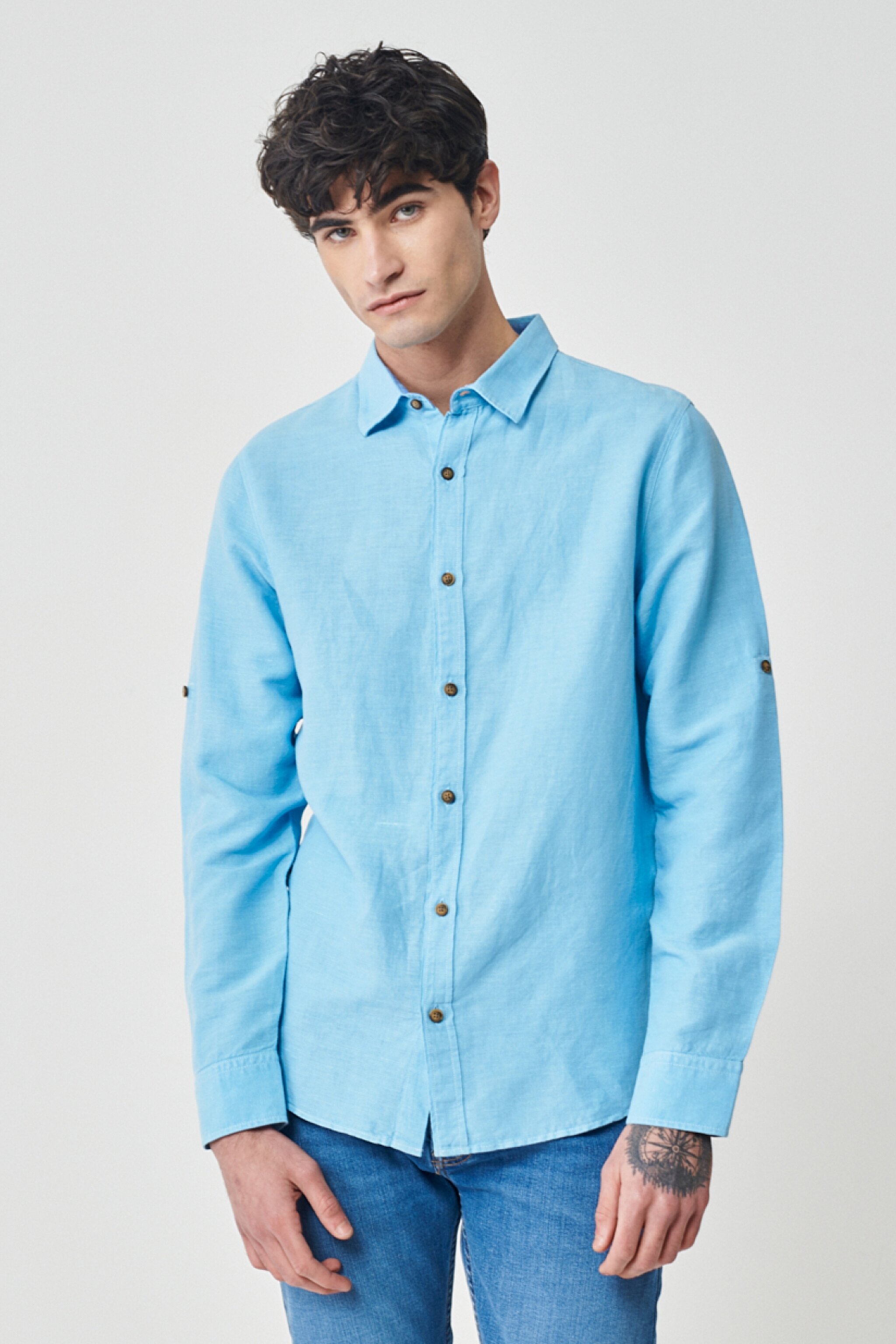 Regular Fit Normal Kesim %100 Pamuk Mavi Uzun Kollu Gömlek - Blue-L231069400 (görsel 2)