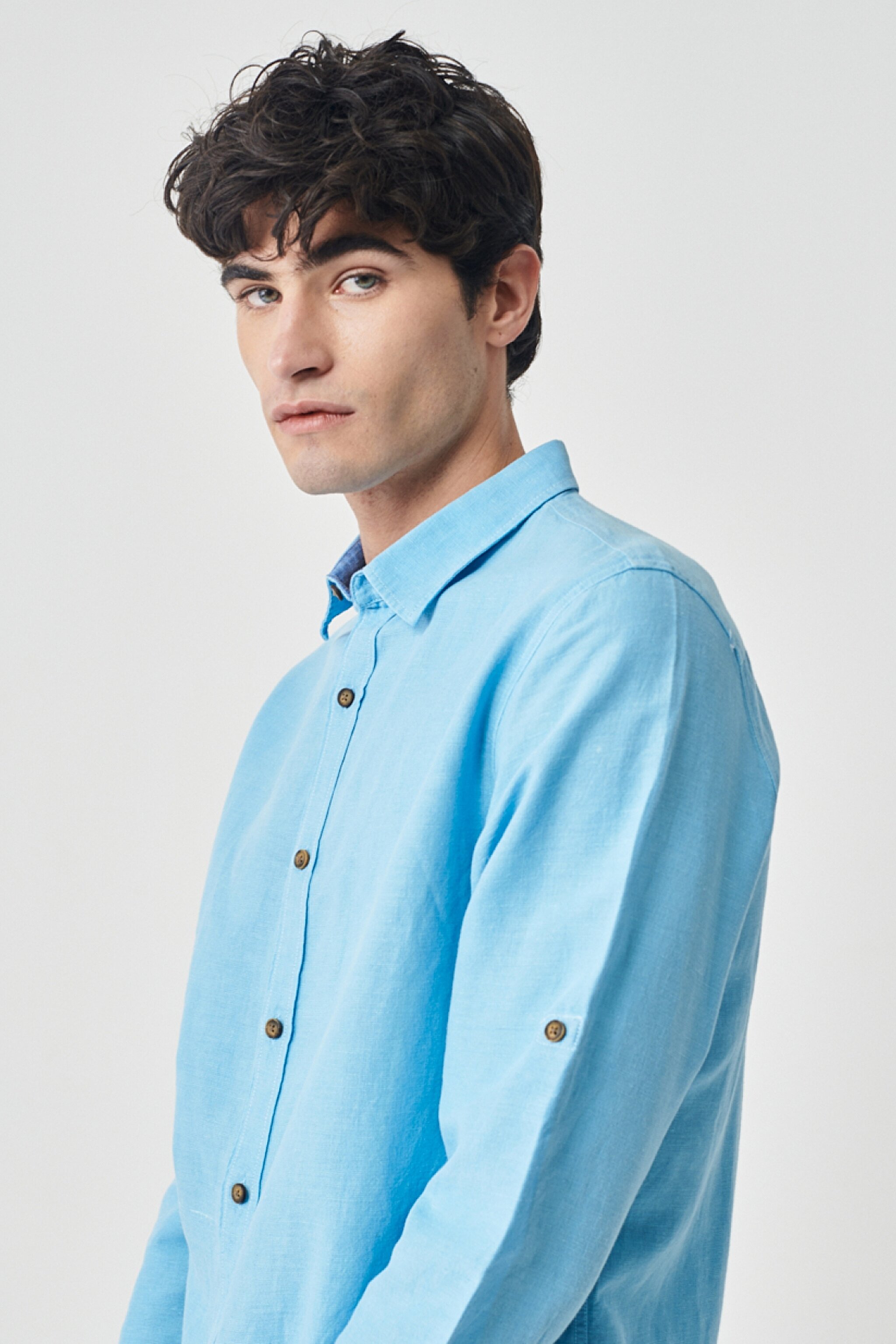Regular Fit Normal Kesim %100 Pamuk Mavi Uzun Kollu Gömlek - Blue-L231069400 (görsel 4)