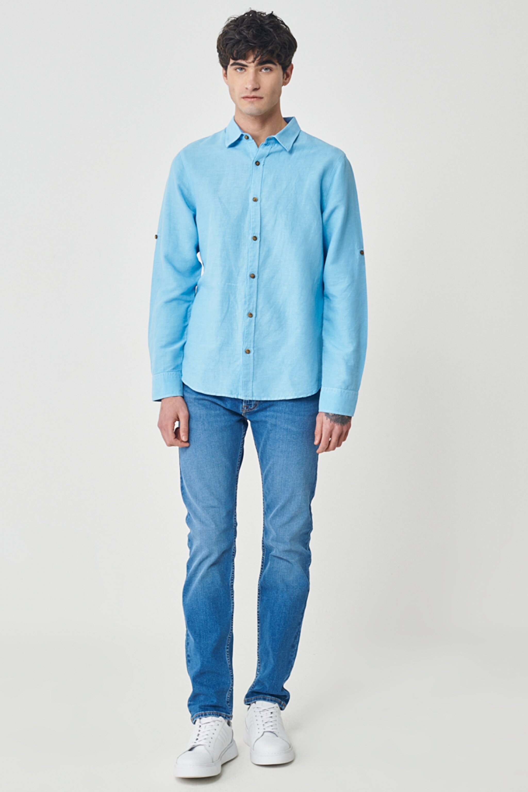 Regular Fit Normal Kesim %100 Pamuk Mavi Uzun Kollu Gömlek - Blue-L231069400 (görsel 5)
