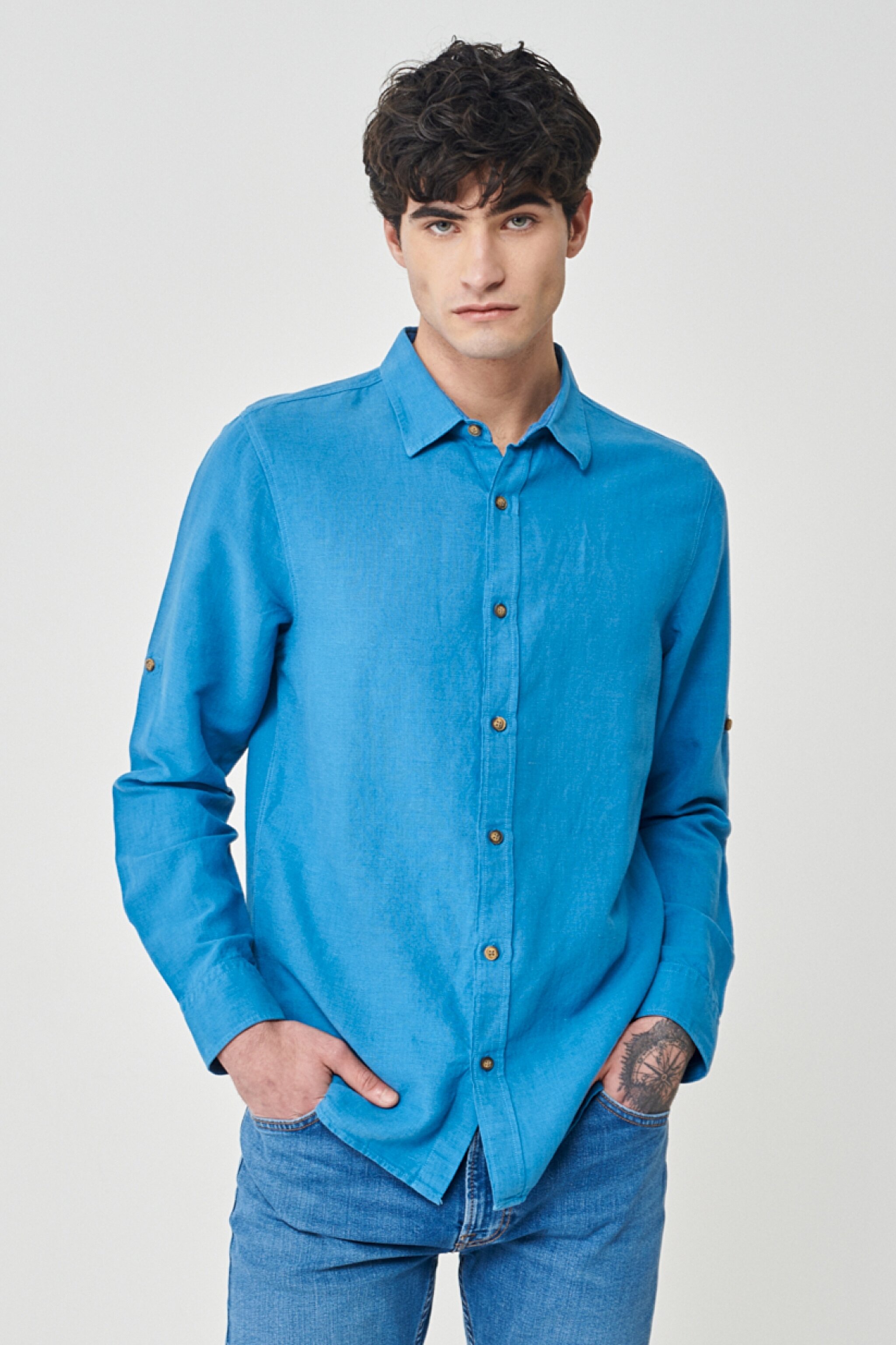 Regular Fit Normal Kesim %100 Pamuk Koyu Mavi Uzun Kollu Gömlek - Dark Blue-L231069408 (görsel 2)