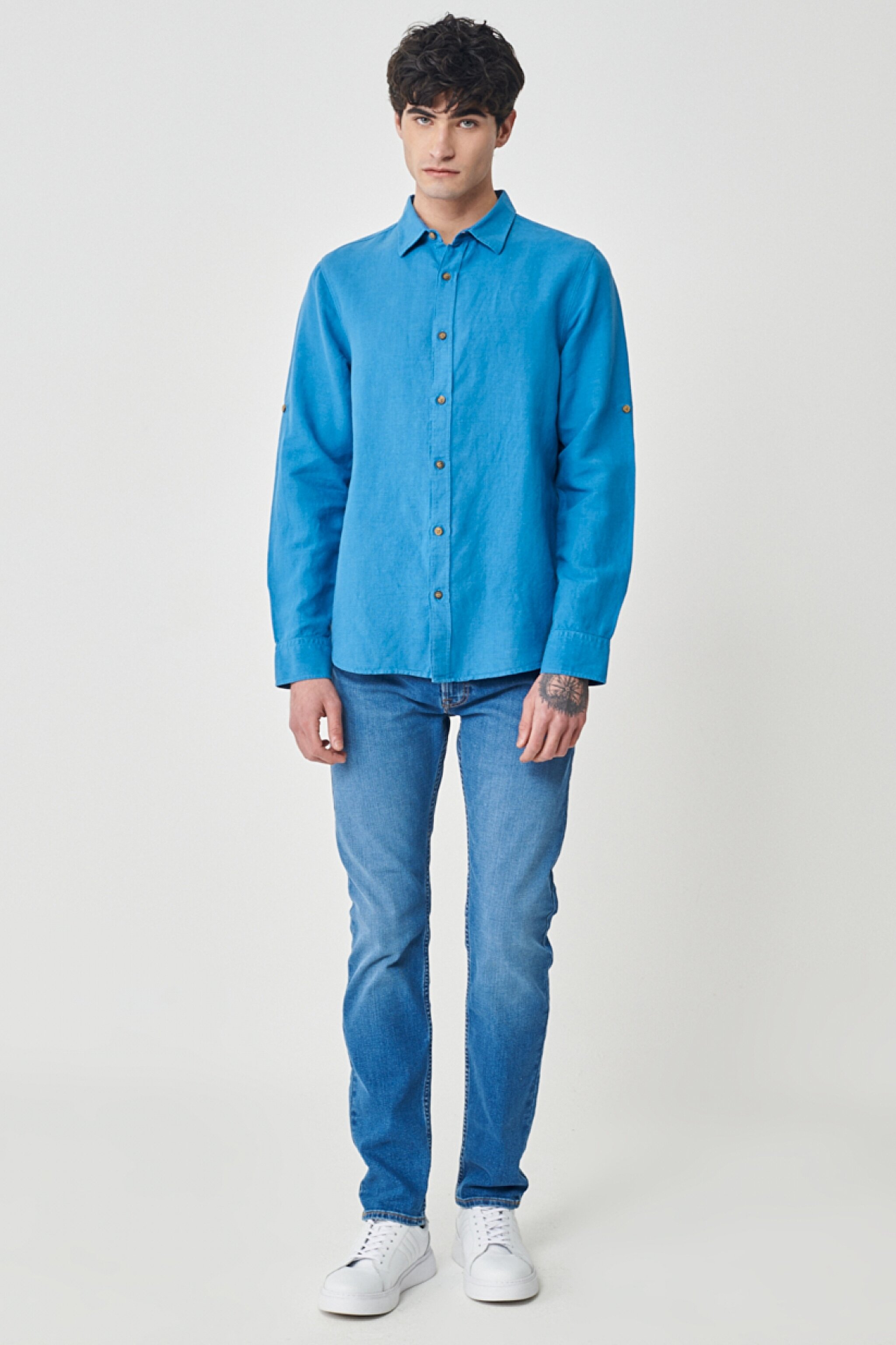 Regular Fit Normal Kesim %100 Pamuk Koyu Mavi Uzun Kollu Gömlek - Dark Blue-L231069408 (görsel 5)