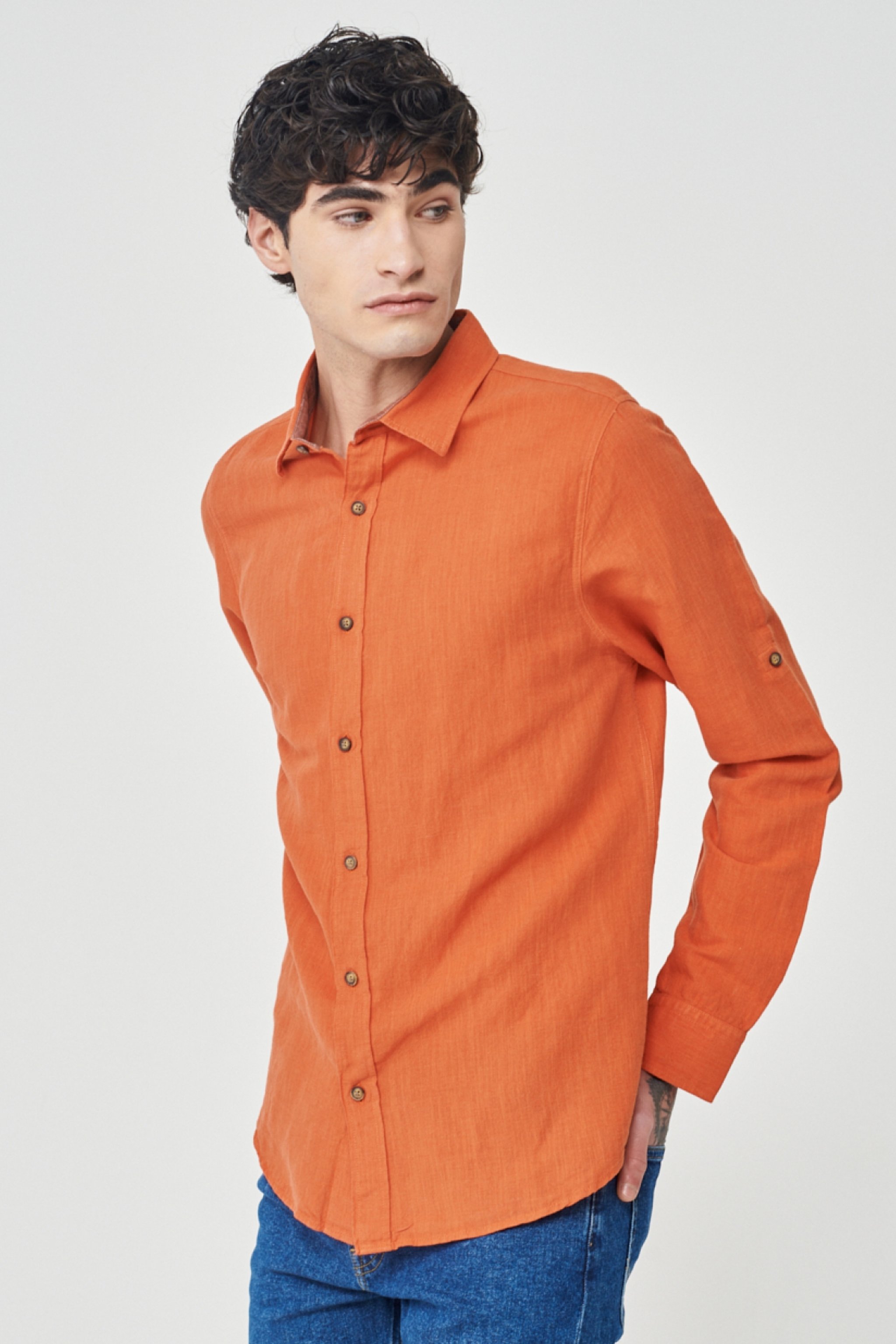 Regular Fit Normal Kesim %100 Pamuk Turuncu Uzun Kollu Gömlek - Orange-L231069700 (görsel 2)