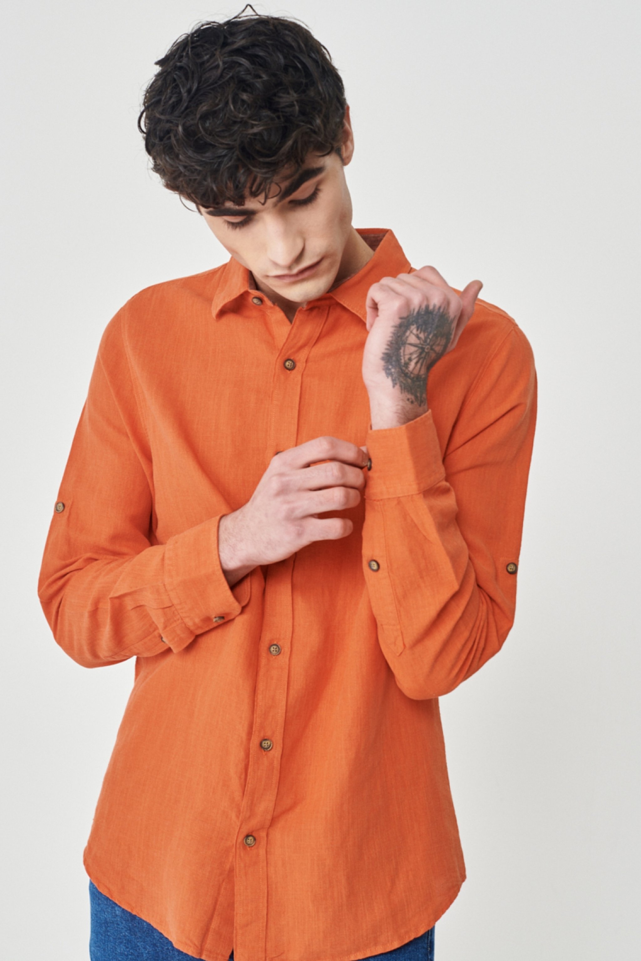 Regular Fit Normal Kesim %100 Pamuk Turuncu Uzun Kollu Gömlek - Orange-L231069700 (görsel 3)