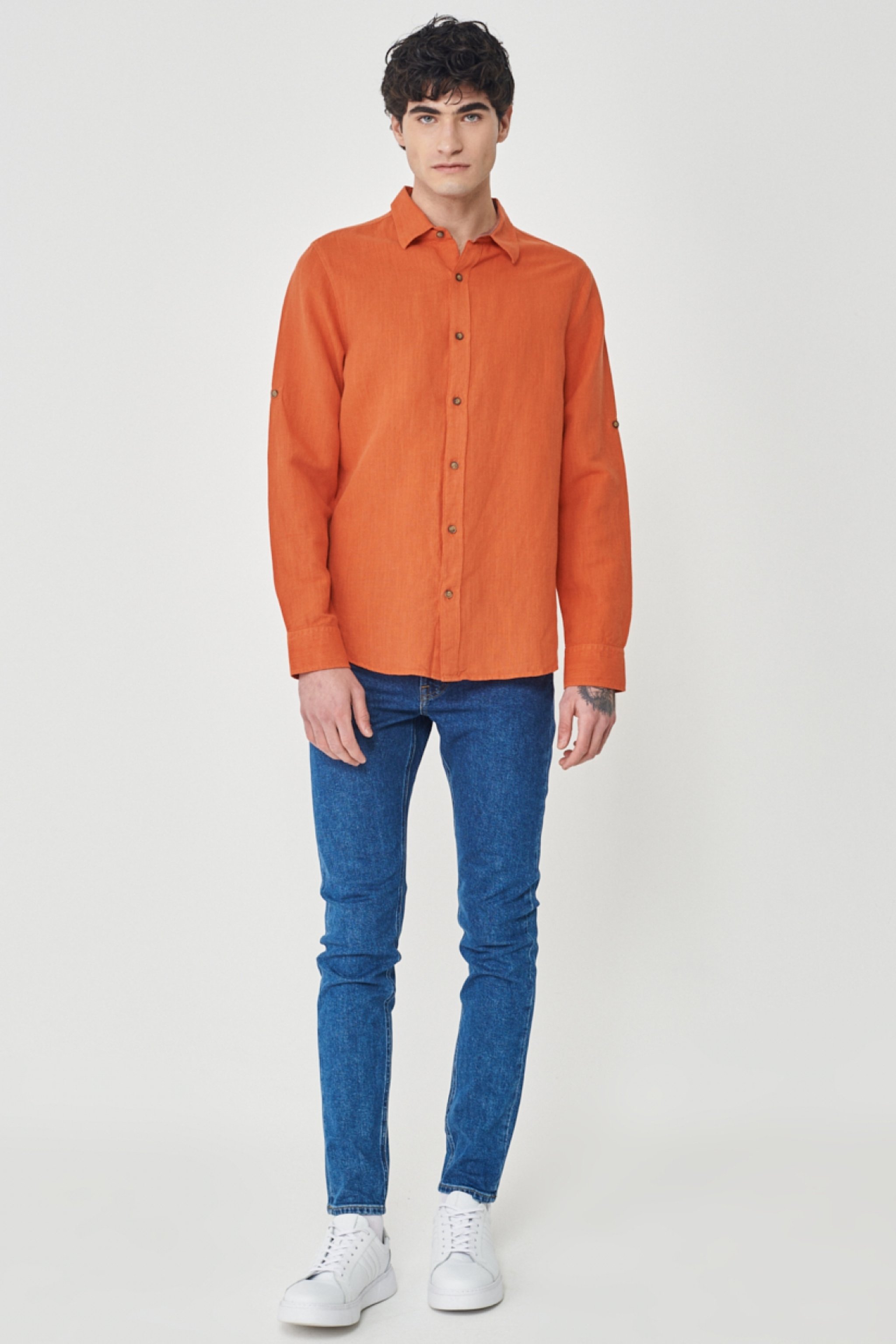 Regular Fit Normal Kesim %100 Pamuk Turuncu Uzun Kollu Gömlek - Orange-L231069700 (görsel 6)