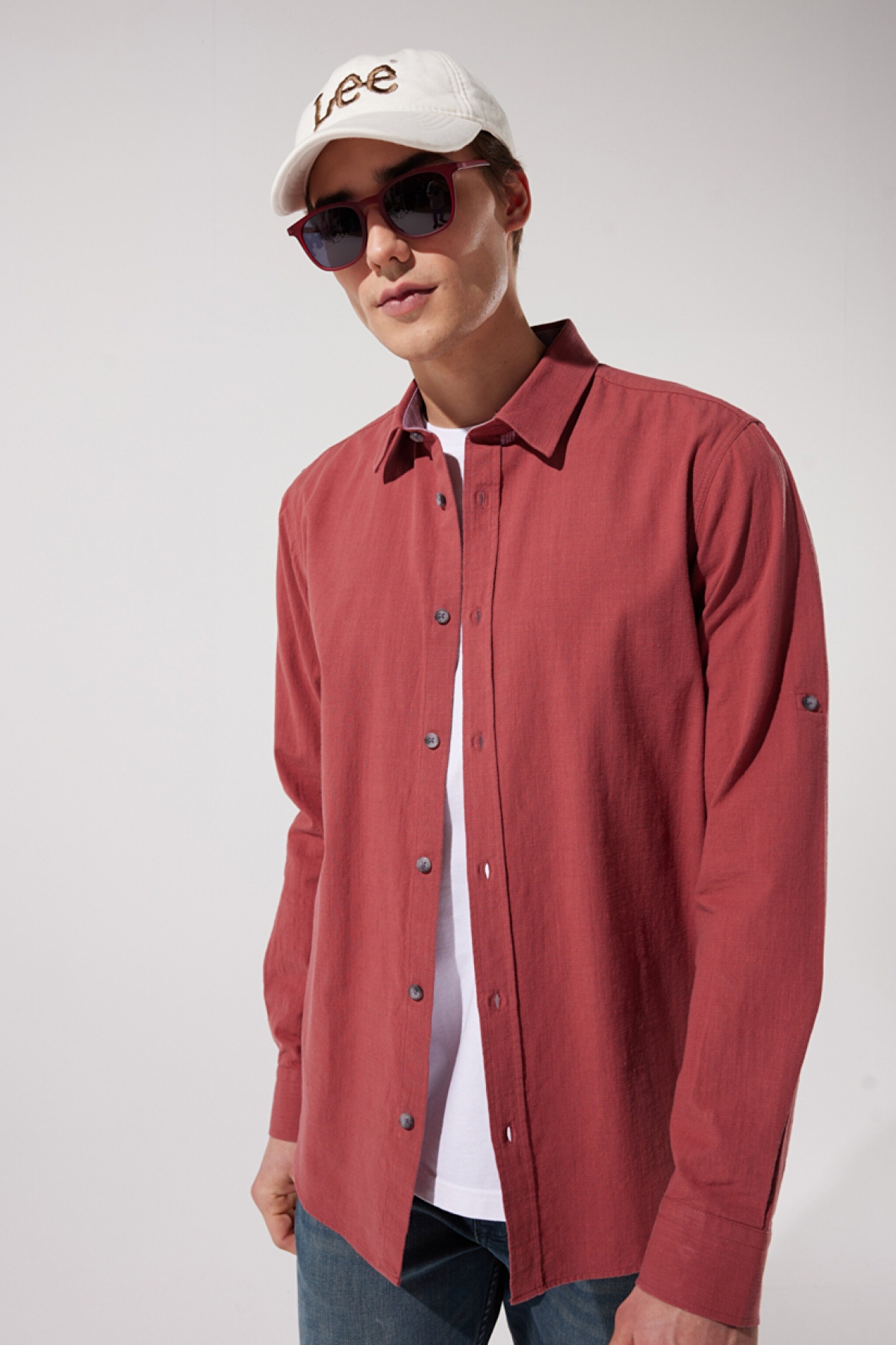 Regular Fit Normal Kesim %100 Pamuk Uzun Kollu Bordo Gömlek