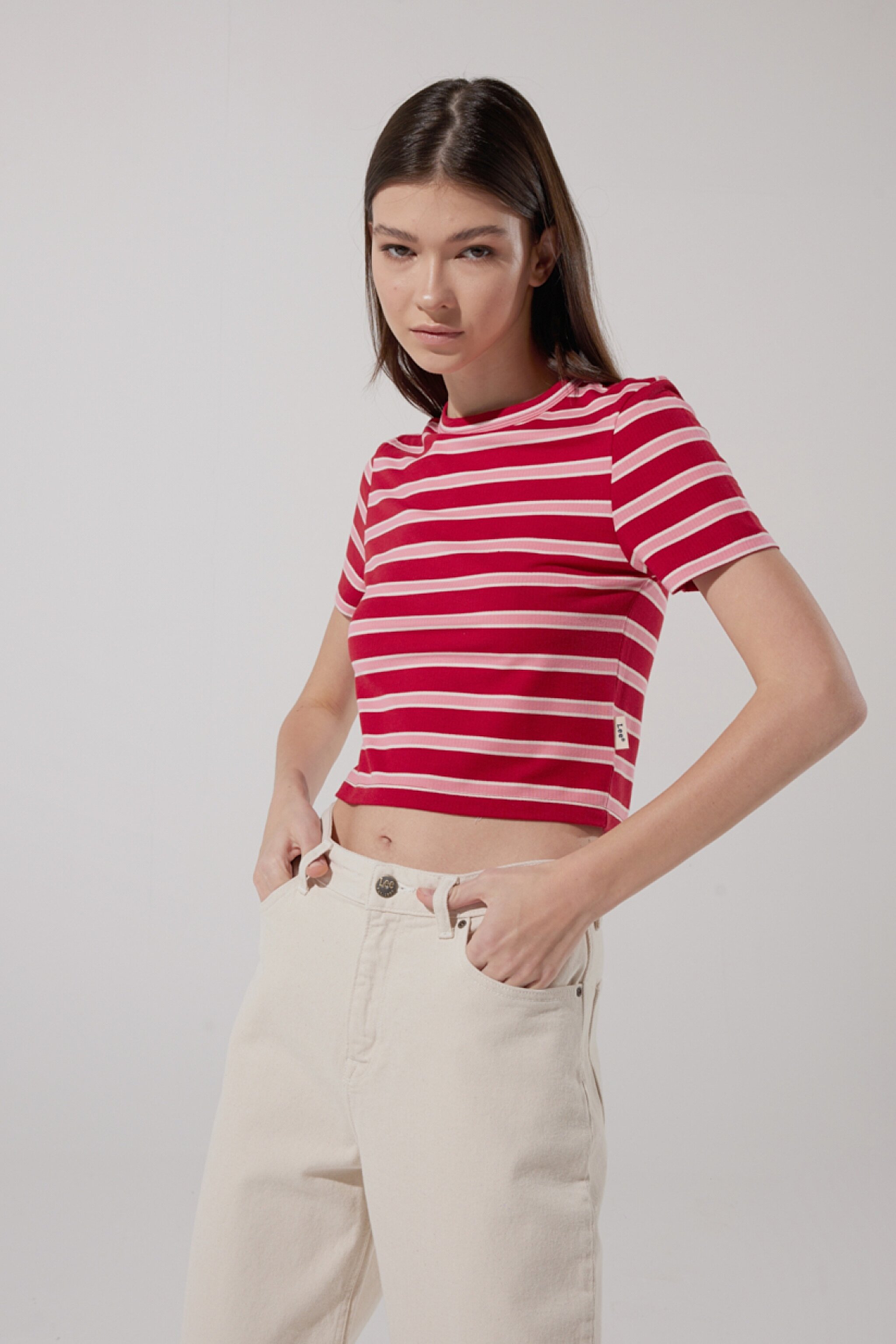 Slim Fit Dar Kesim Bisiklet Yaka Kısa Kollu Crop Renkli Esnek Tişört - Multi-L231105900 (görsel 2)