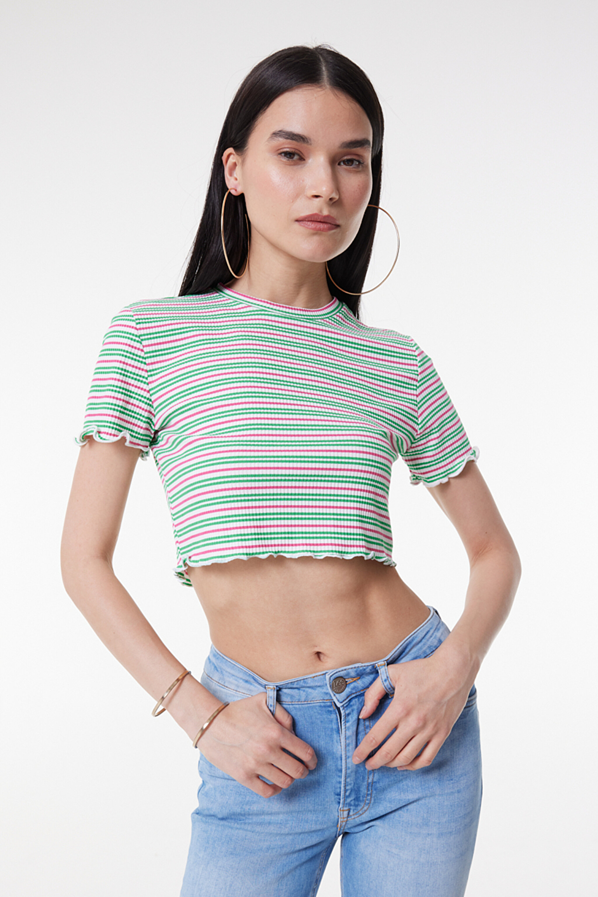 Slim Fit Dar Kesim Bisiklet Yaka Kısa Kollu Crop Renkli Esnek Tişört