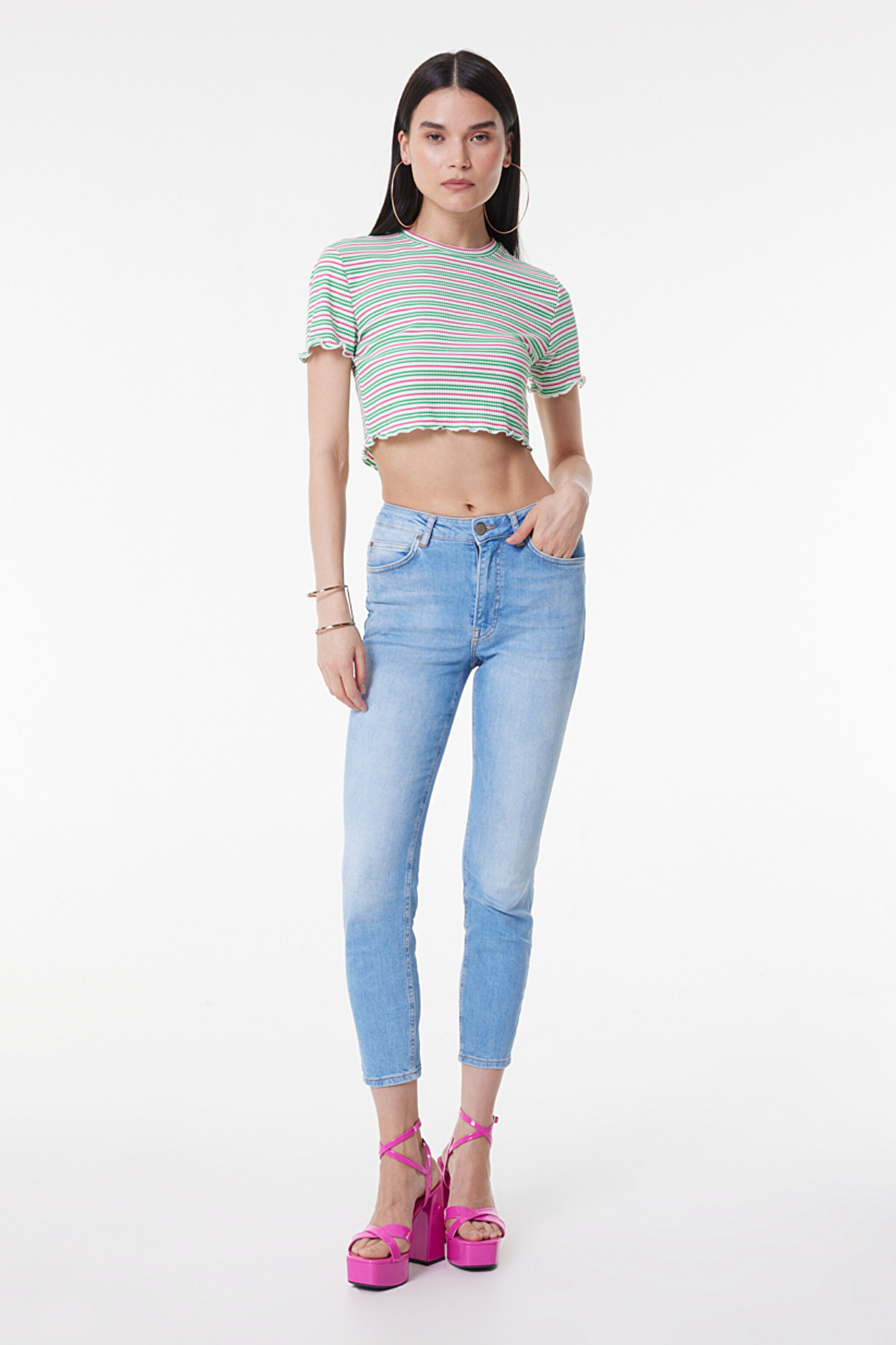 Slim Fit Dar Kesim Bisiklet Yaka Kısa Kollu Crop Renkli Esnek Tişört - Multi-L231112900 (görsel 3)