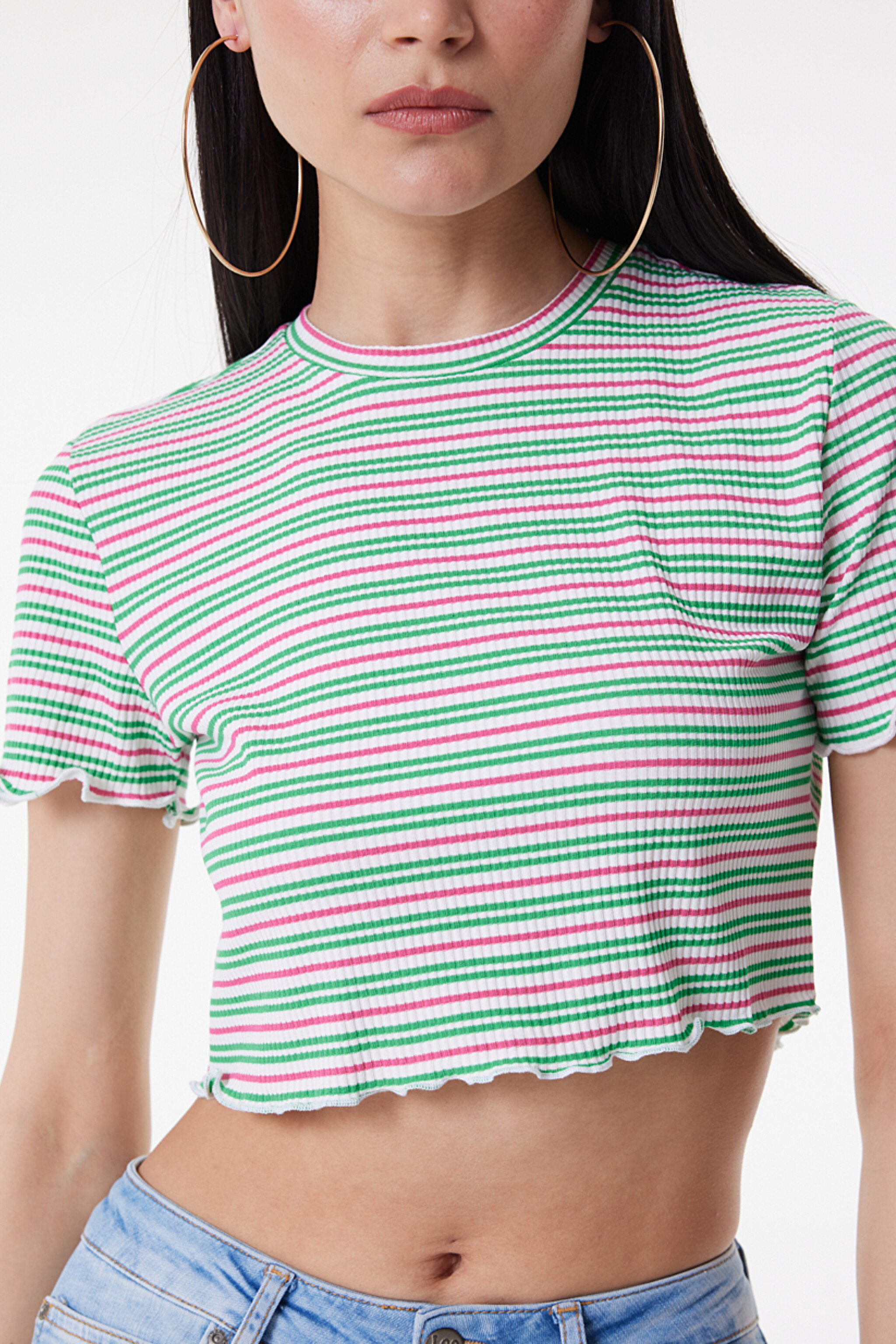 Slim Fit Dar Kesim Bisiklet Yaka Kısa Kollu Crop Renkli Esnek Tişört - Multi-L231112900 (görsel 4)